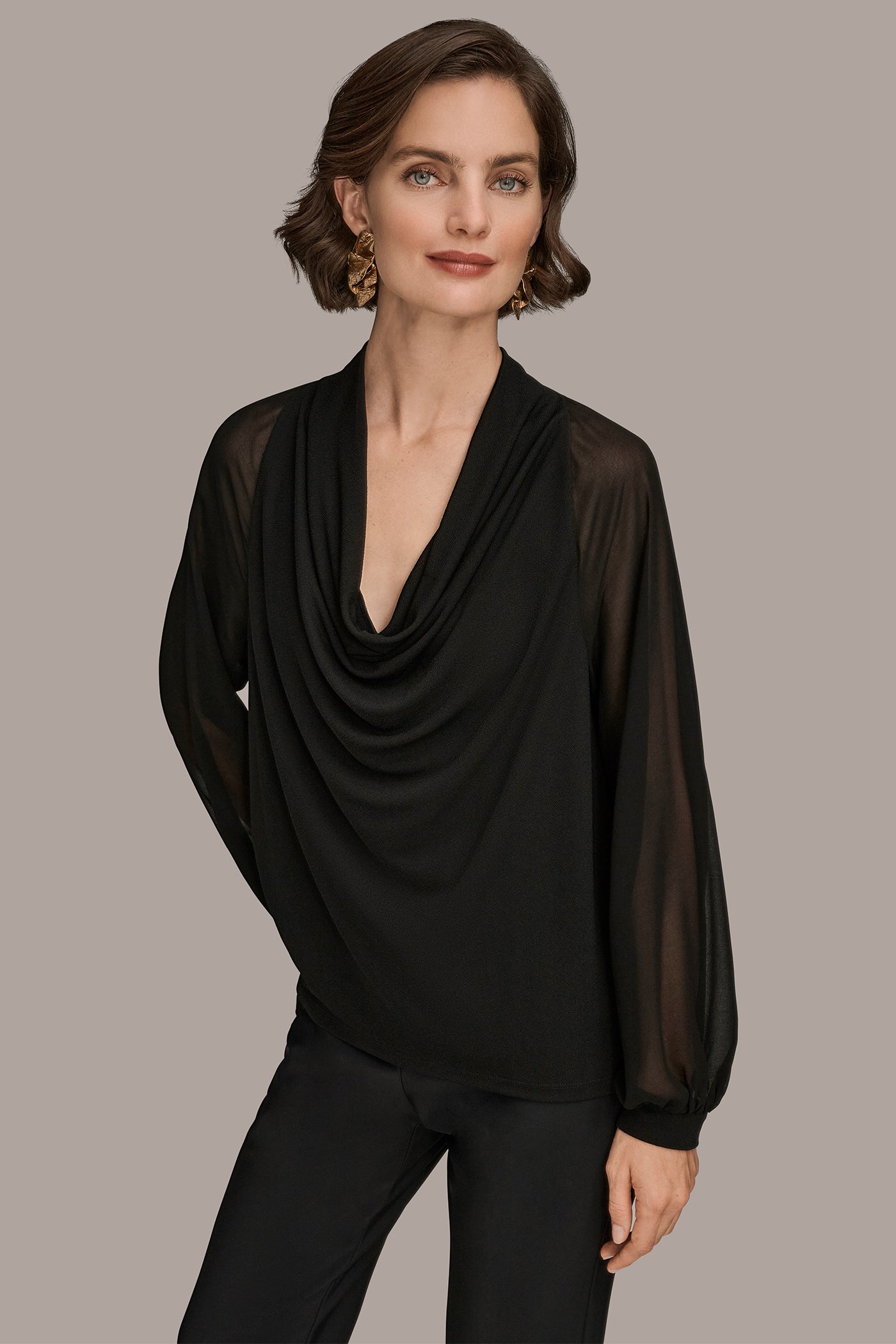 CHIFFON-PANELED COWL-NECK SATIN-CREPE BLOUSE VIEW 3 | Tops