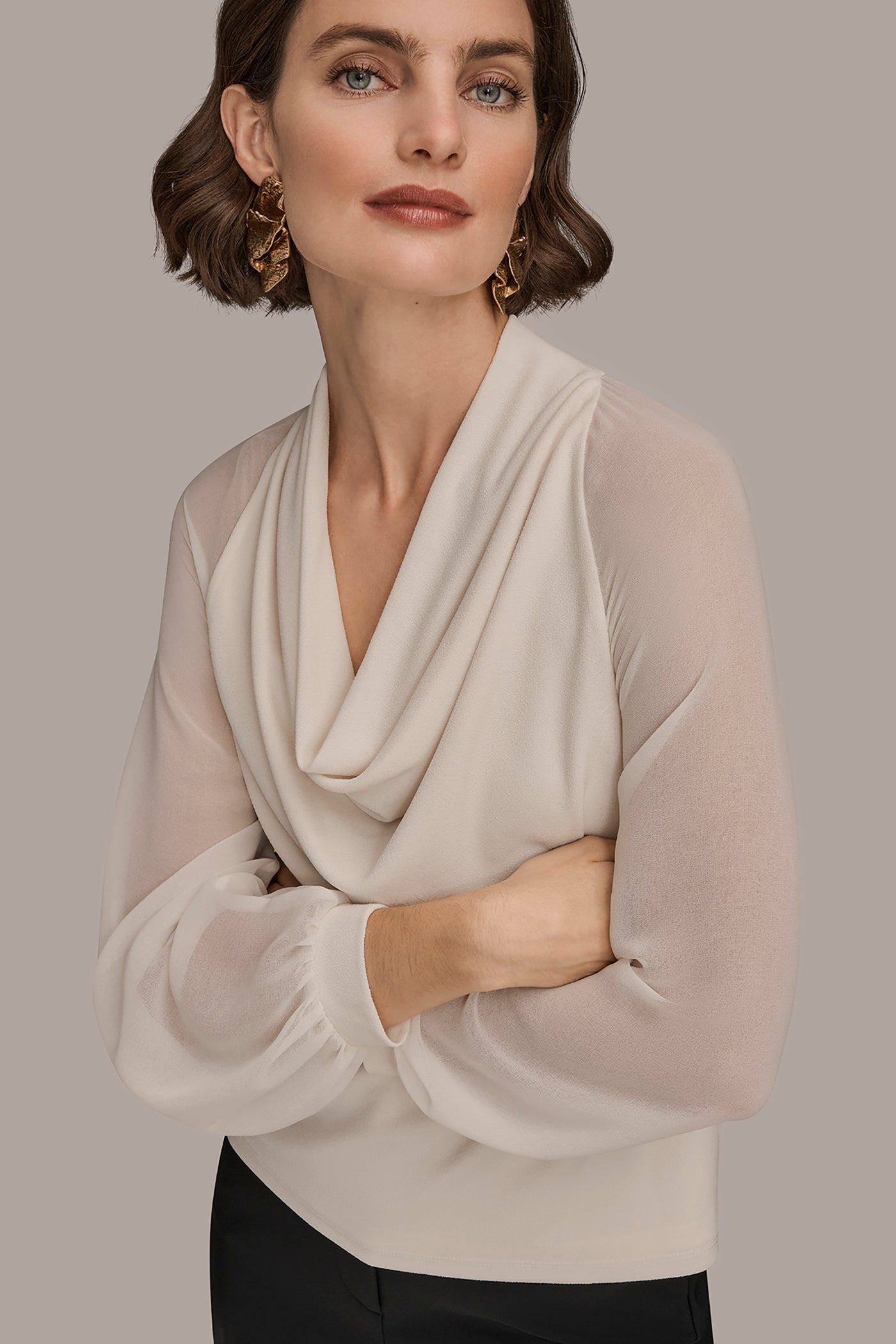 CHIFFON-PANELED COWL-NECK SATIN-CREPE BLOUSE VIEW 5 | Tops