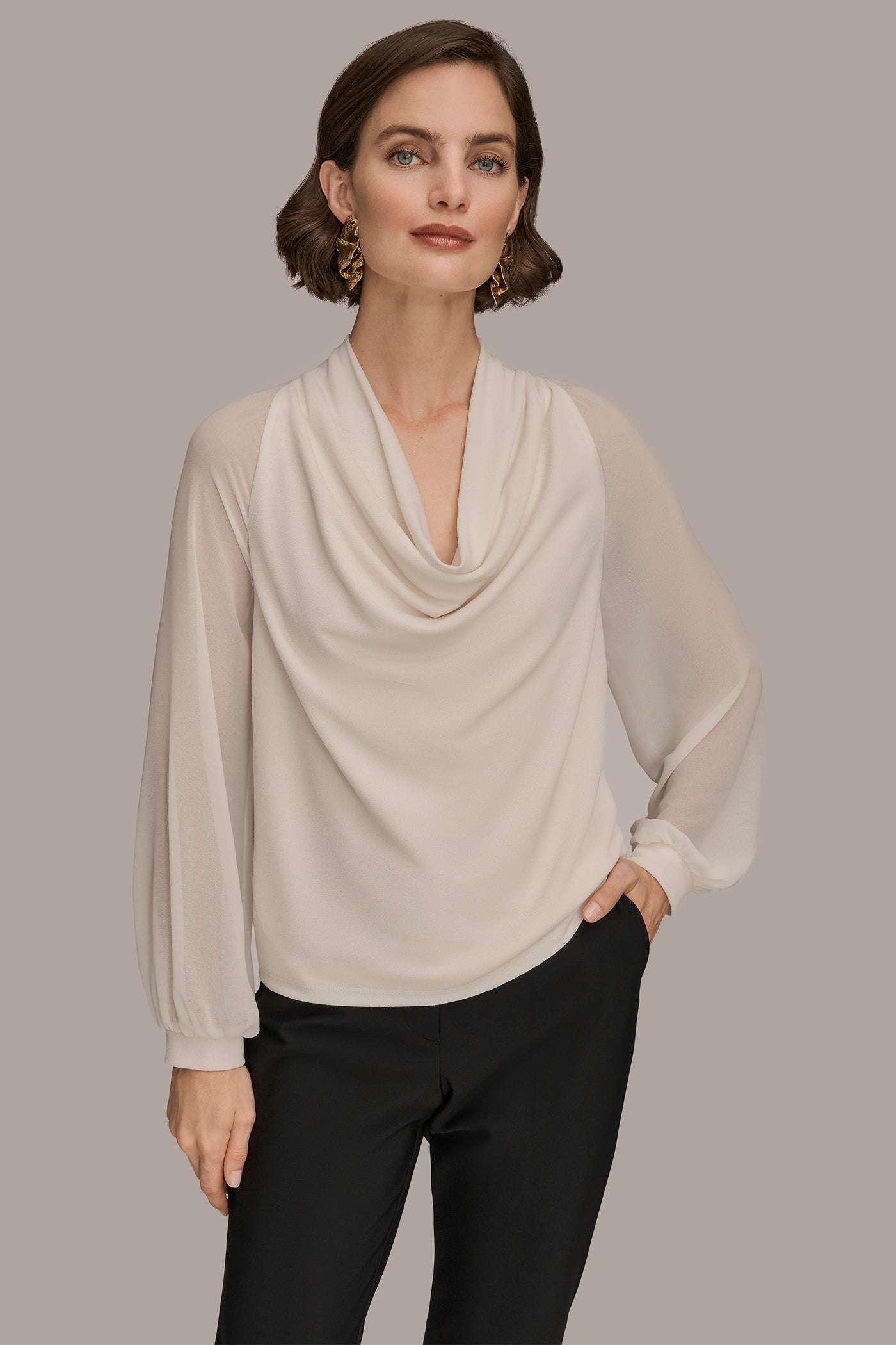CHIFFON-PANELED COWL-NECK SATIN-CREPE BLOUSE | View 1 | Tops