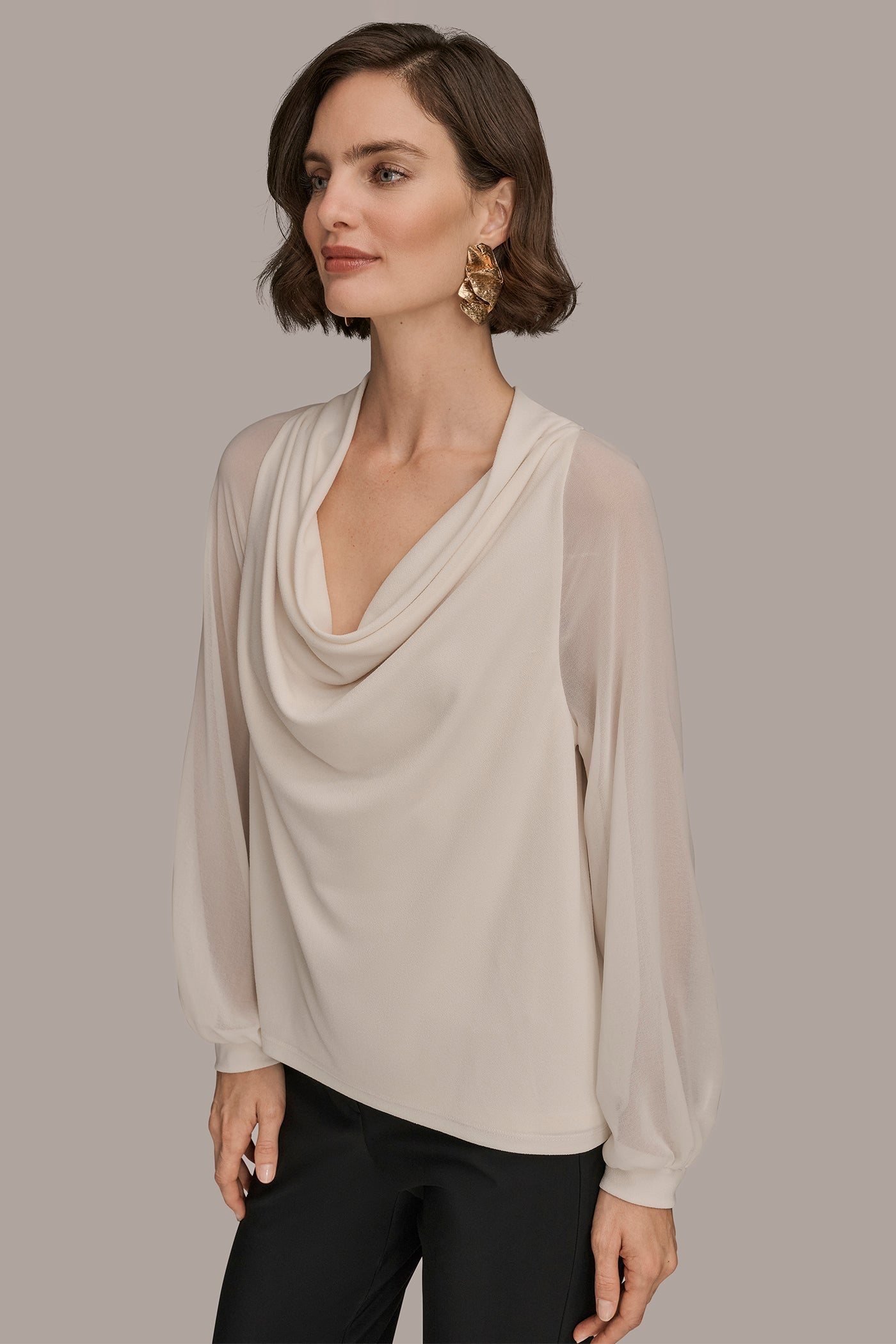 CHIFFON-PANELED COWL-NECK SATIN-CREPE BLOUSE VIEW 3 | Tops