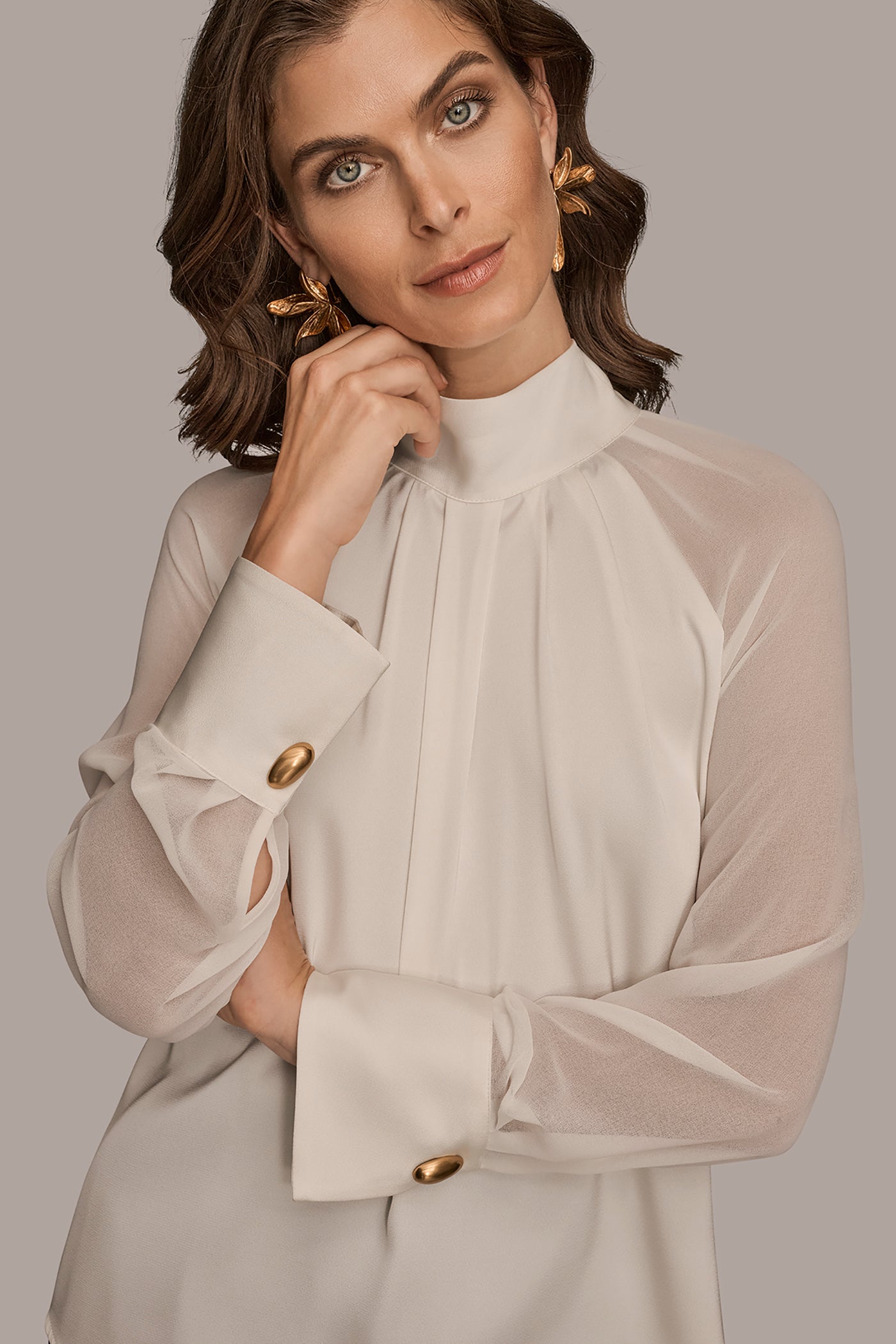 CHIFFON-PANELED MOCK-NECK SATIN-CREPE BLOUSE VIEW 5 | Tops