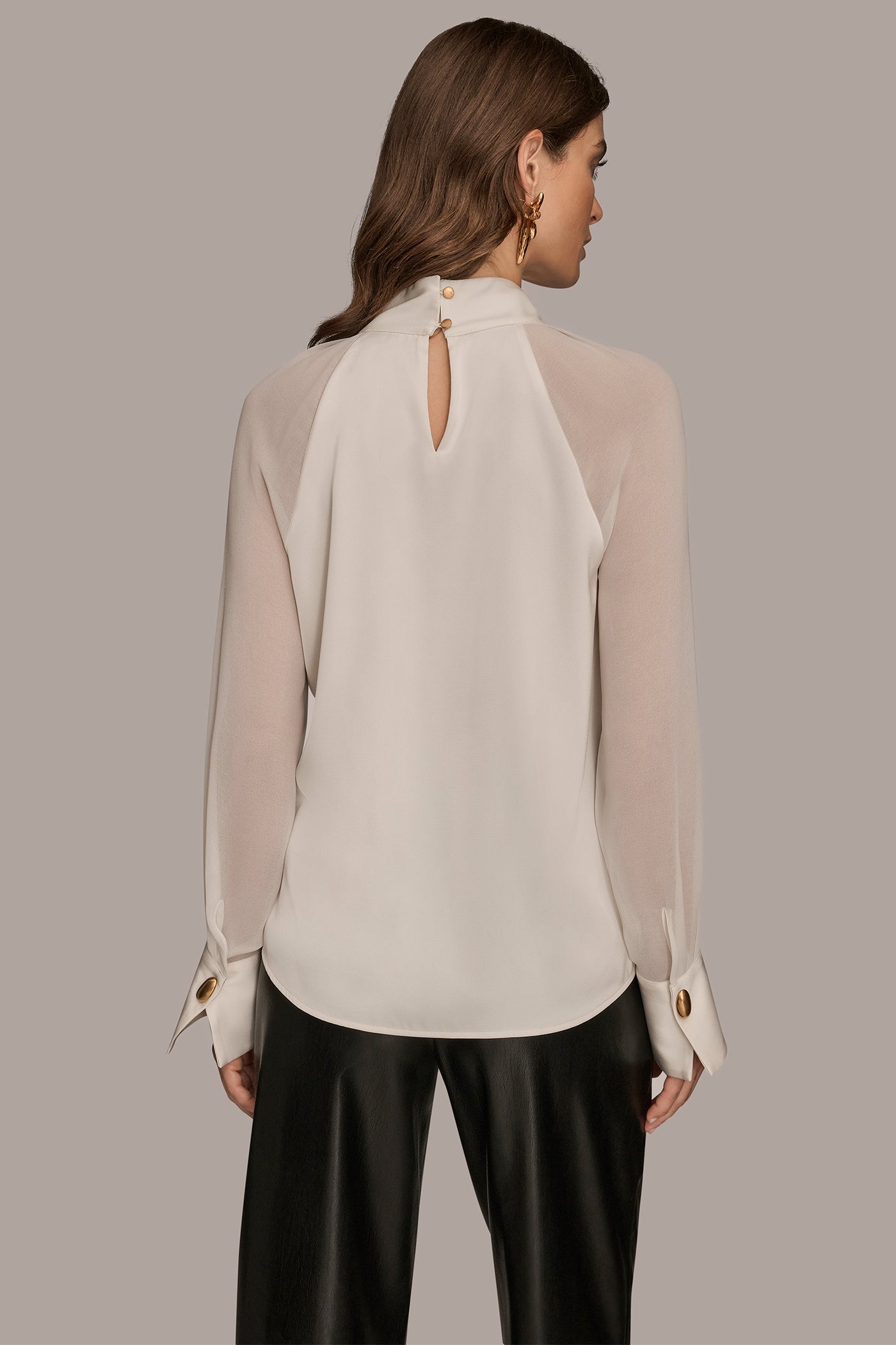 CHIFFON-PANELED MOCK-NECK SATIN-CREPE BLOUSE | View 2 | Tops