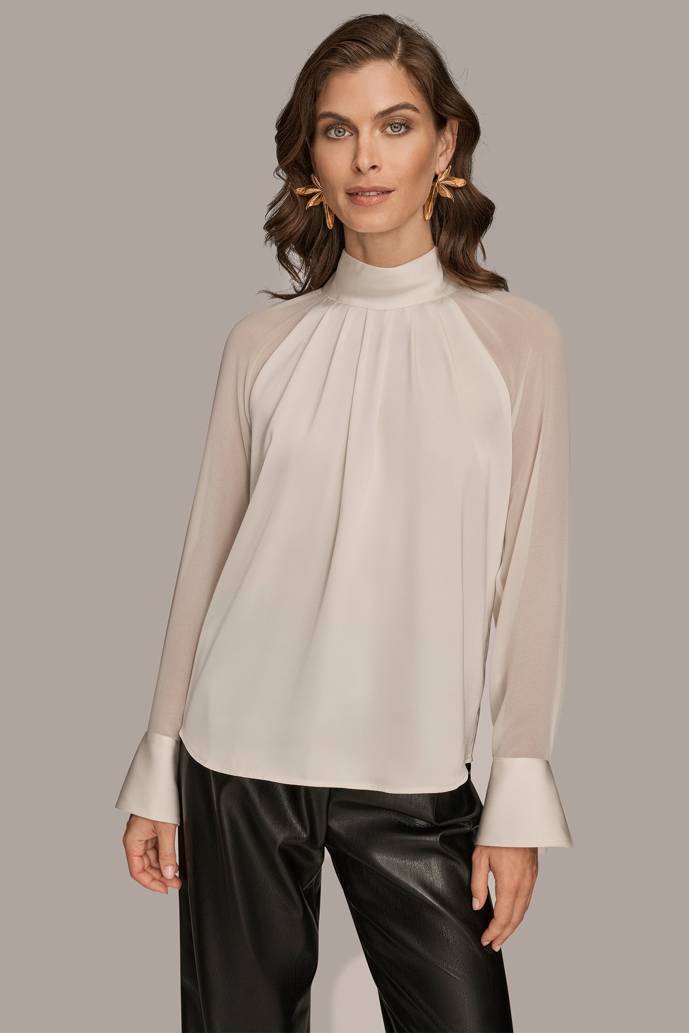 CHIFFON-PANELED MOCK-NECK SATIN-CREPE BLOUSE | View 1 | Tops
