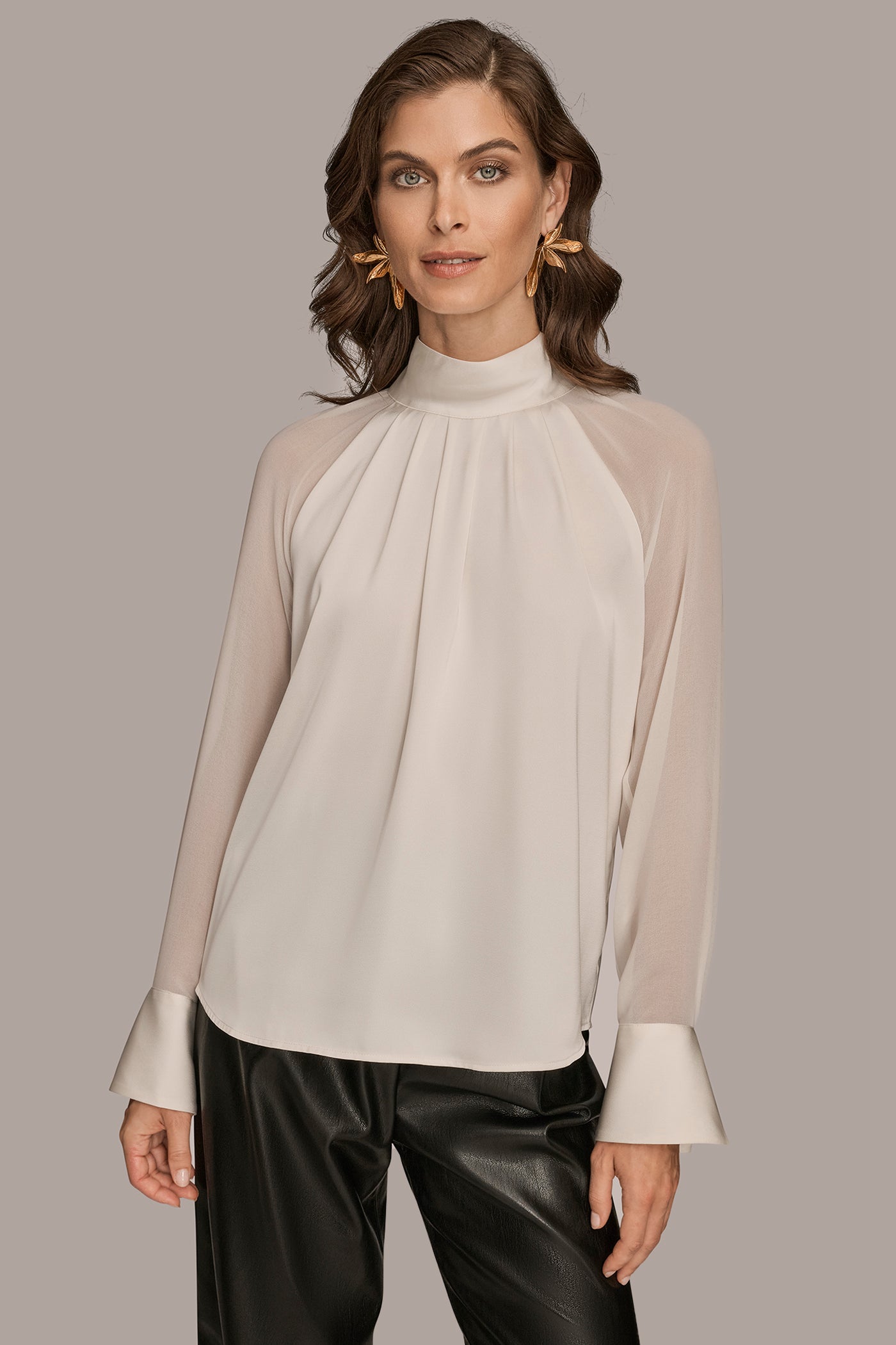 CHIFFON-PANELED MOCK-NECK SATIN-CREPE BLOUSE | View 1 | Suits and Separates