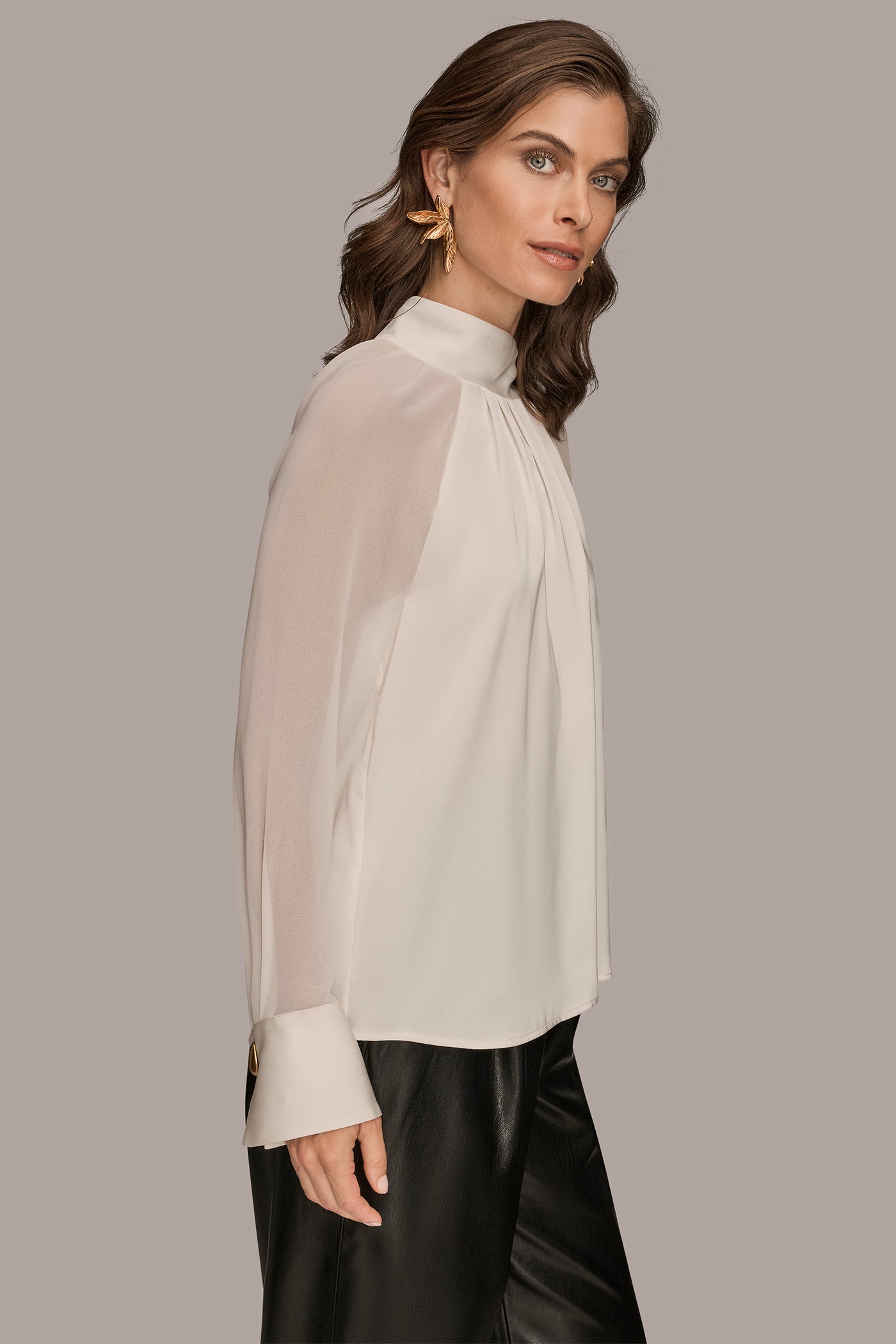 CHIFFON-PANELED MOCK-NECK SATIN-CREPE BLOUSE VIEW 3 | Tops