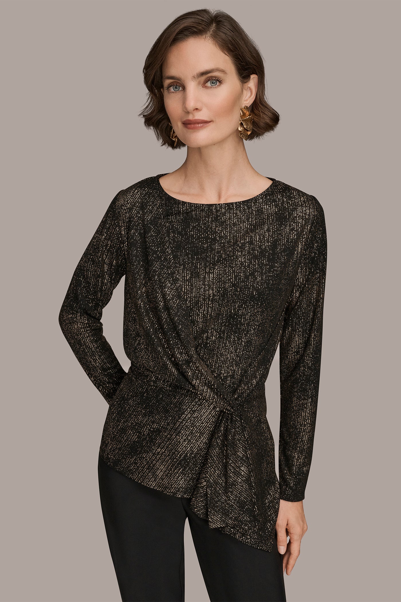 ASYMMETRIC METALLIC CINCHED TOP | View 1 | Tops