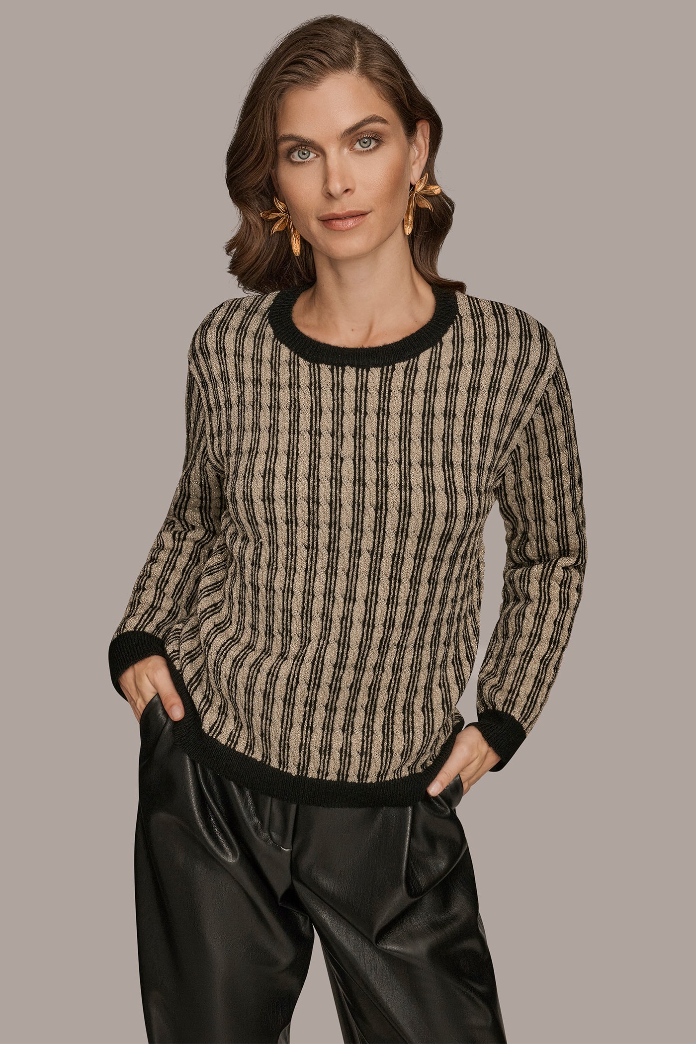 METALLIC TWO-TONE CABLE-KNIT SWEATER | View 1 | Clothing