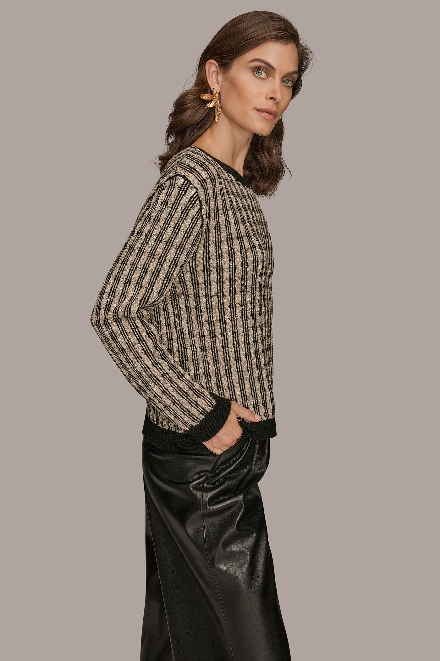 METALLIC TWO-TONE CABLE-KNIT SWEATER VIEW 3 | Clothing