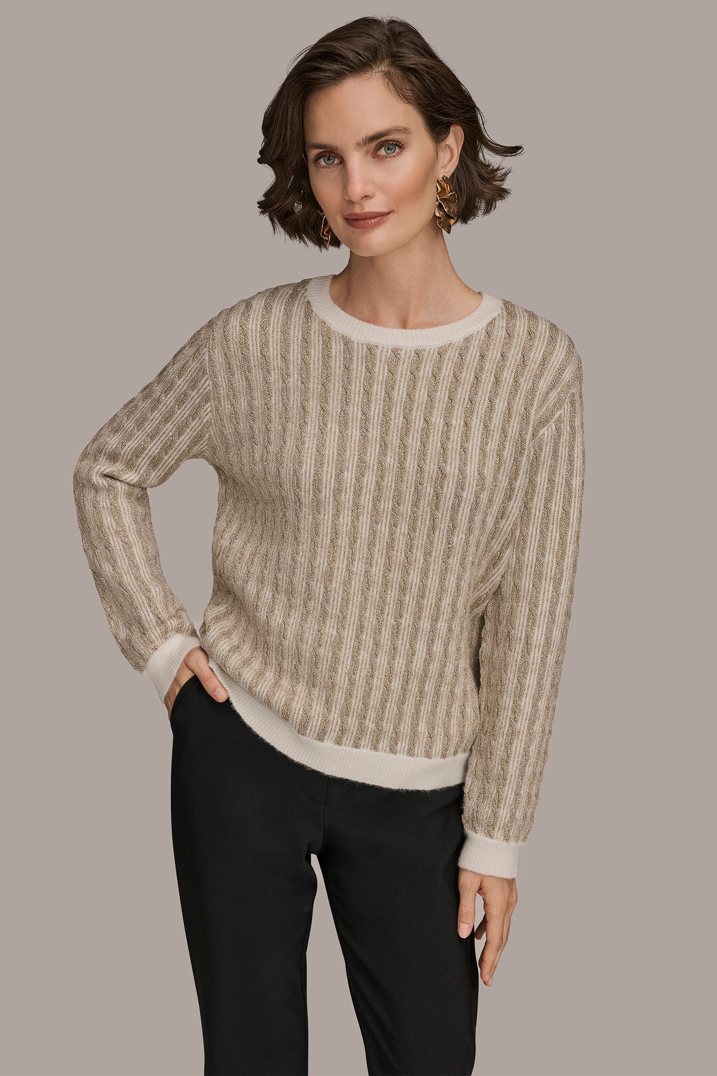 METALLIC TWO-TONE CABLE-KNIT SWEATER | View 1 | Clothing
