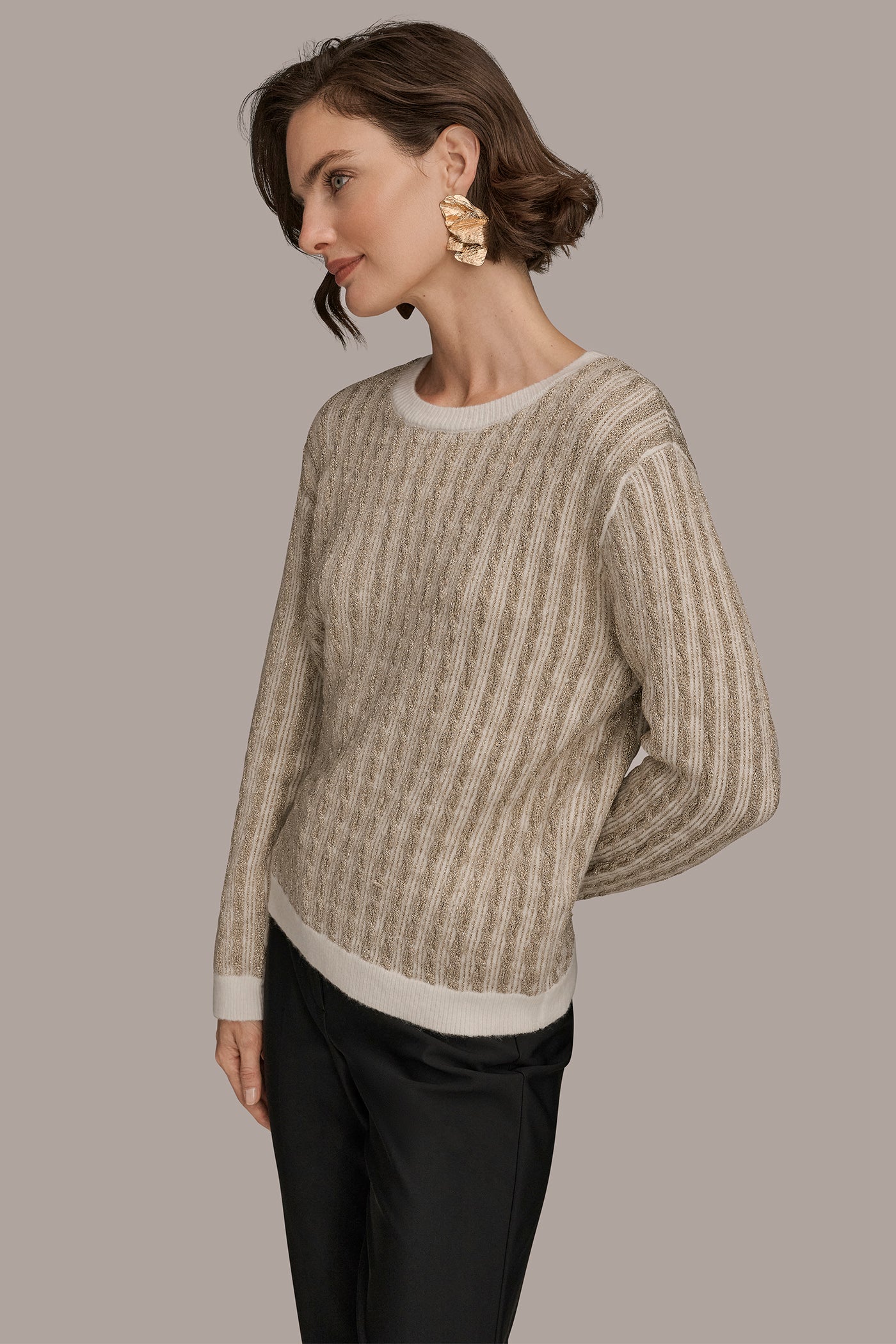 METALLIC TWO-TONE CABLE-KNIT SWEATER VIEW 3 | Clothing