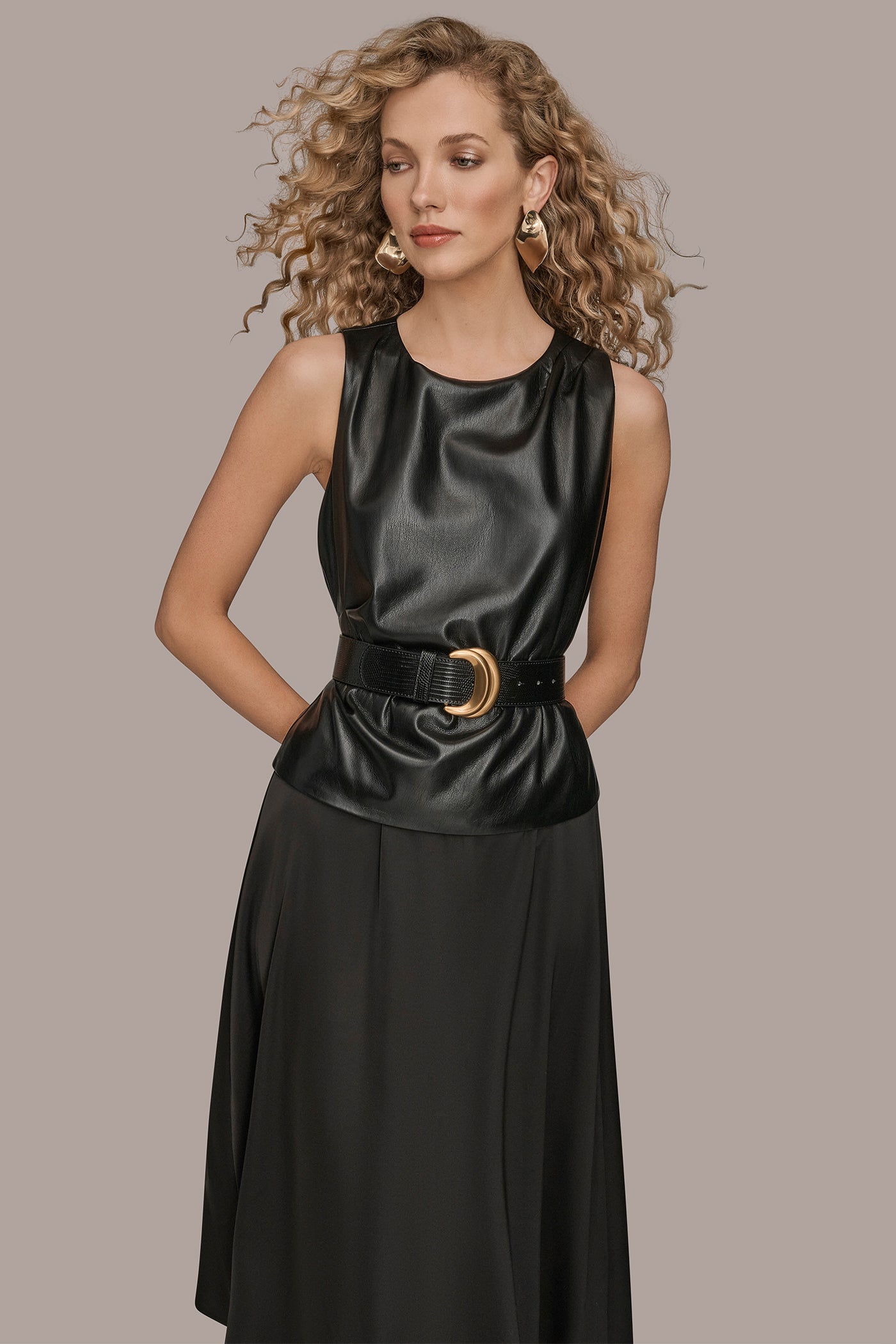FAUX LEATHER MIXED MEDIA MIDI DRESS VIEW 8 | Black Dresses