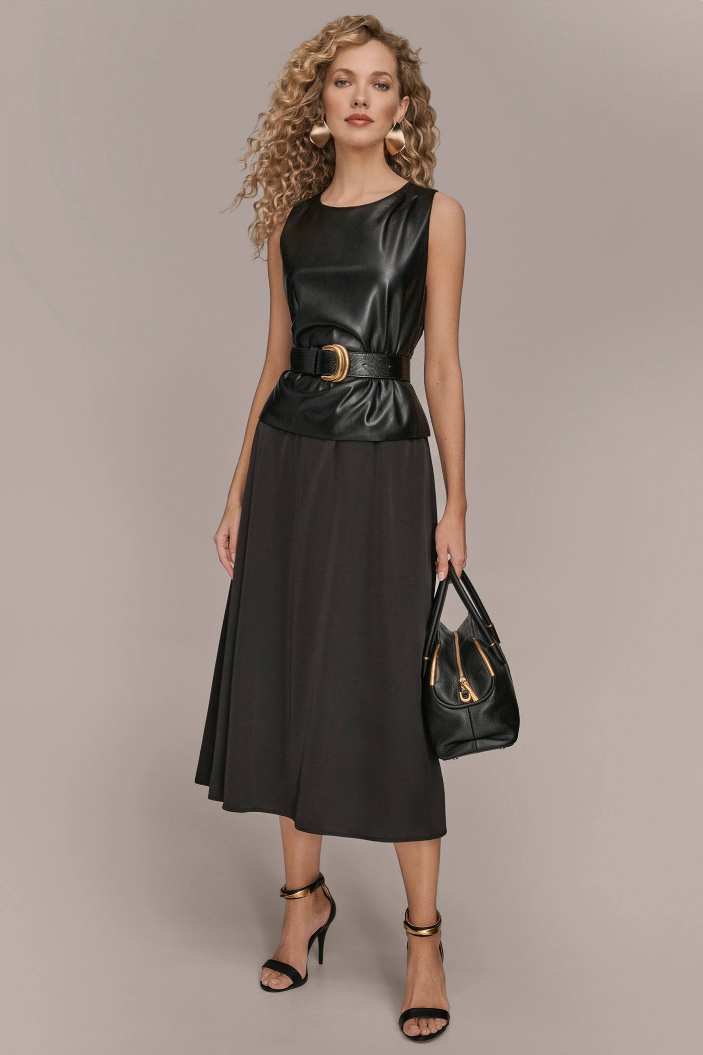 FAUX LEATHER MIXED MEDIA MIDI DRESS VIEW 9 | Black Dresses