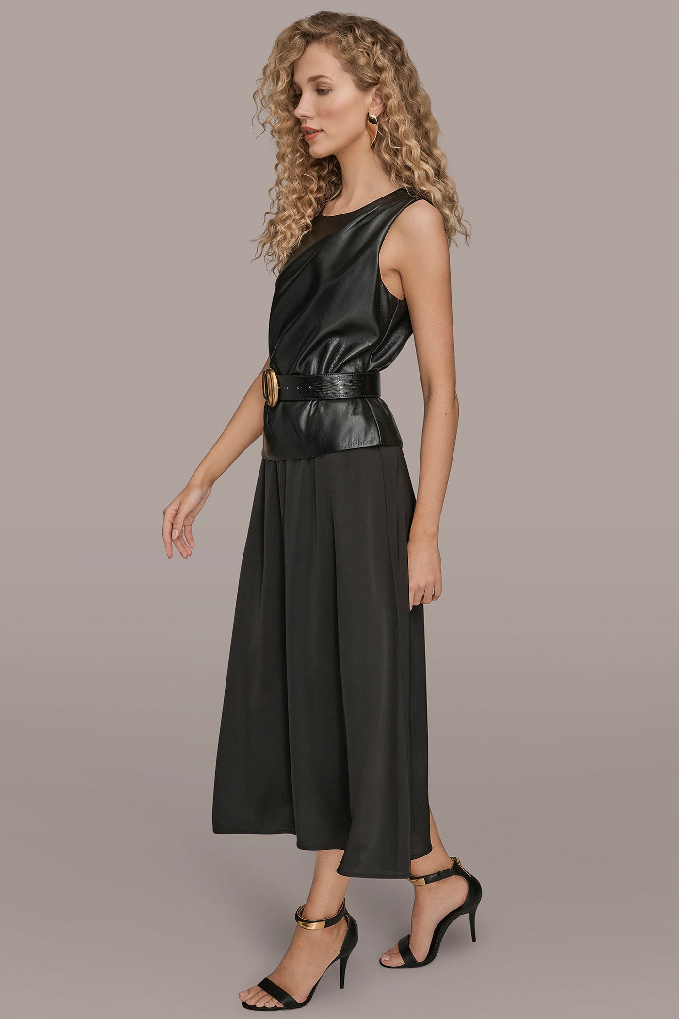 FAUX LEATHER MIXED MEDIA MIDI DRESS VIEW 3 | Black Dresses