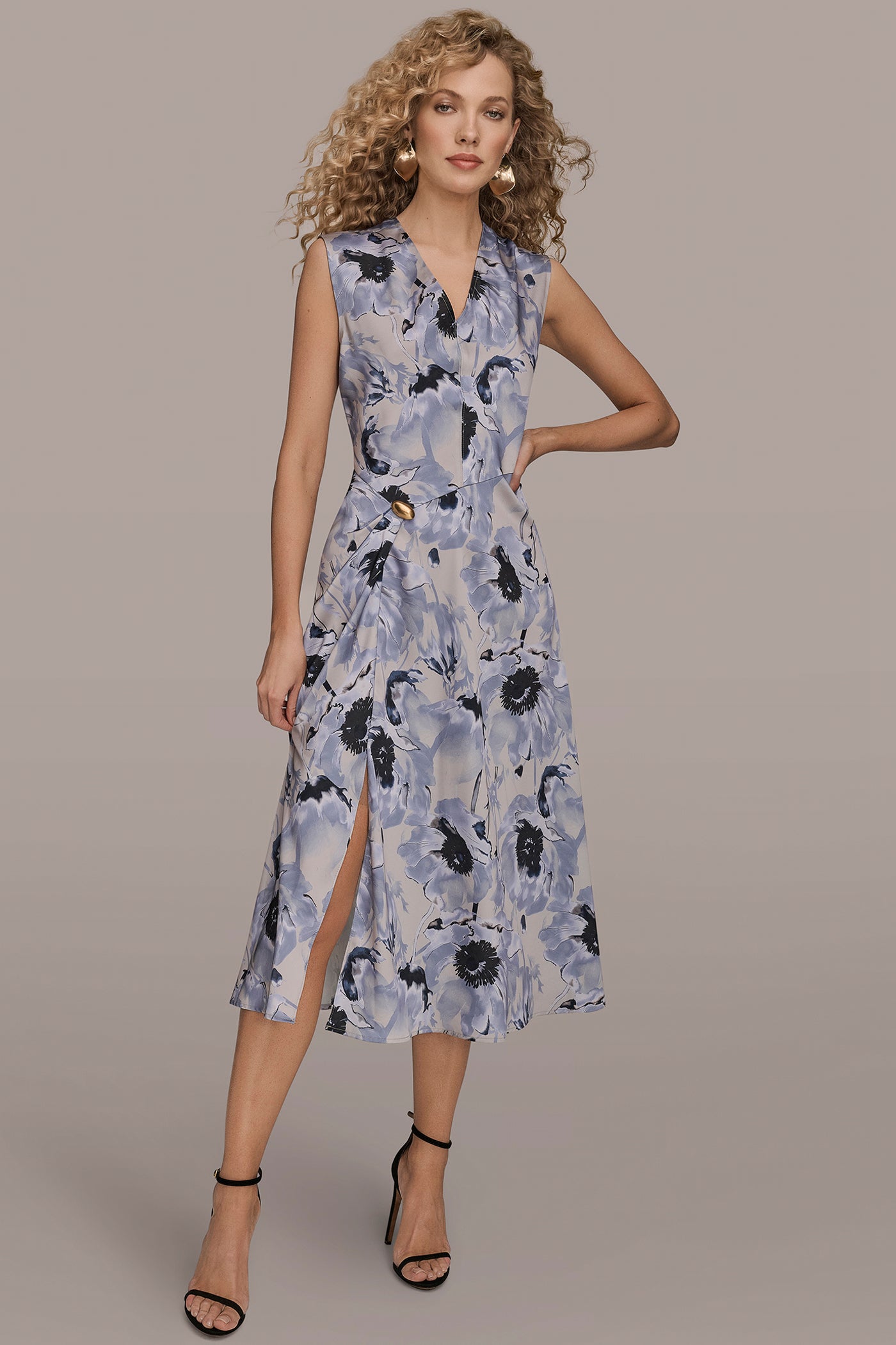 CAP-SLEEVE V-NECK PRINTED MIDI DRESS | View 1 | Clothing