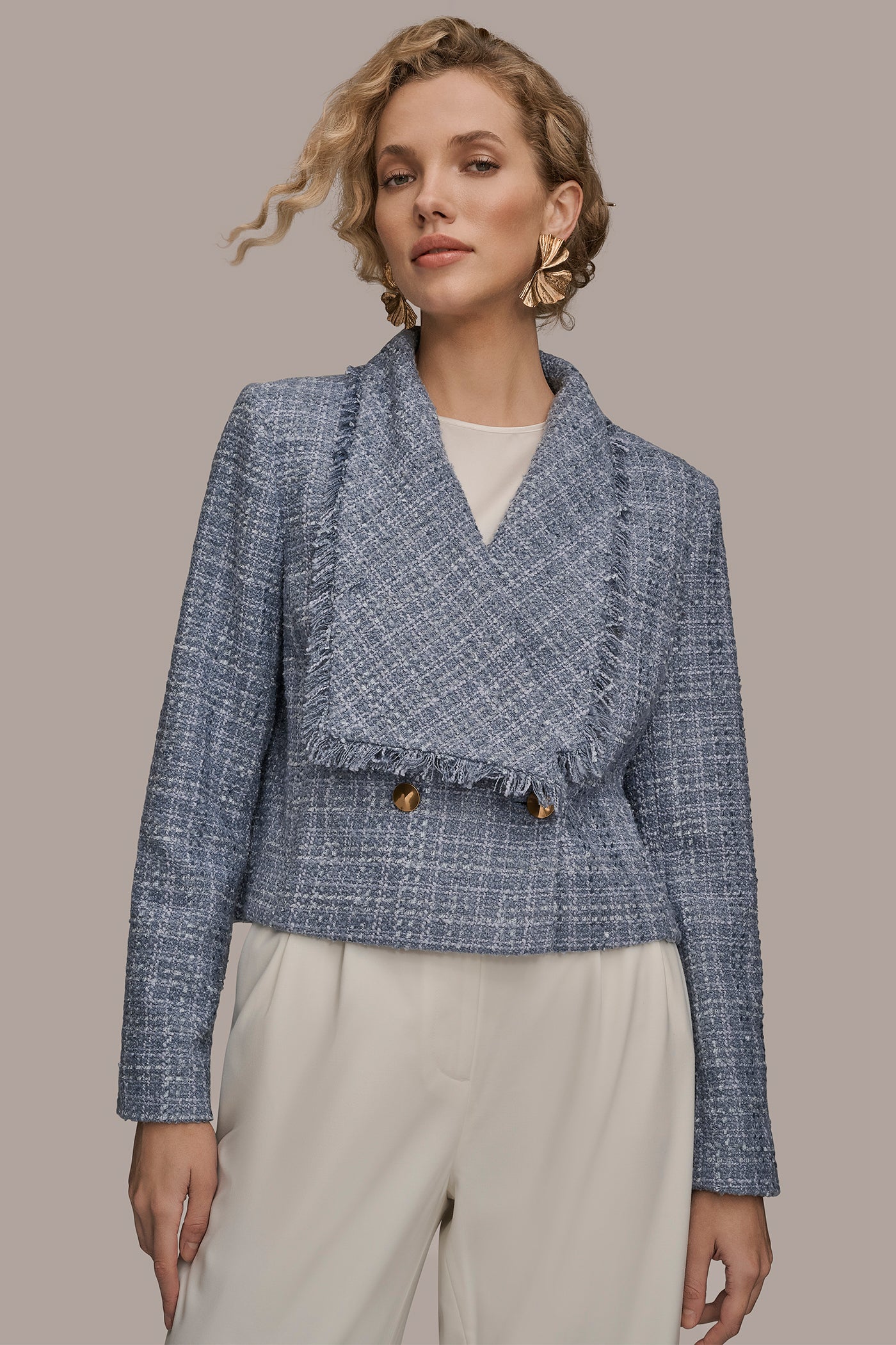 CROPPED DOUBLE-BREASTED FRINGED TWEED JACKET | View 1 | Luxe Layers