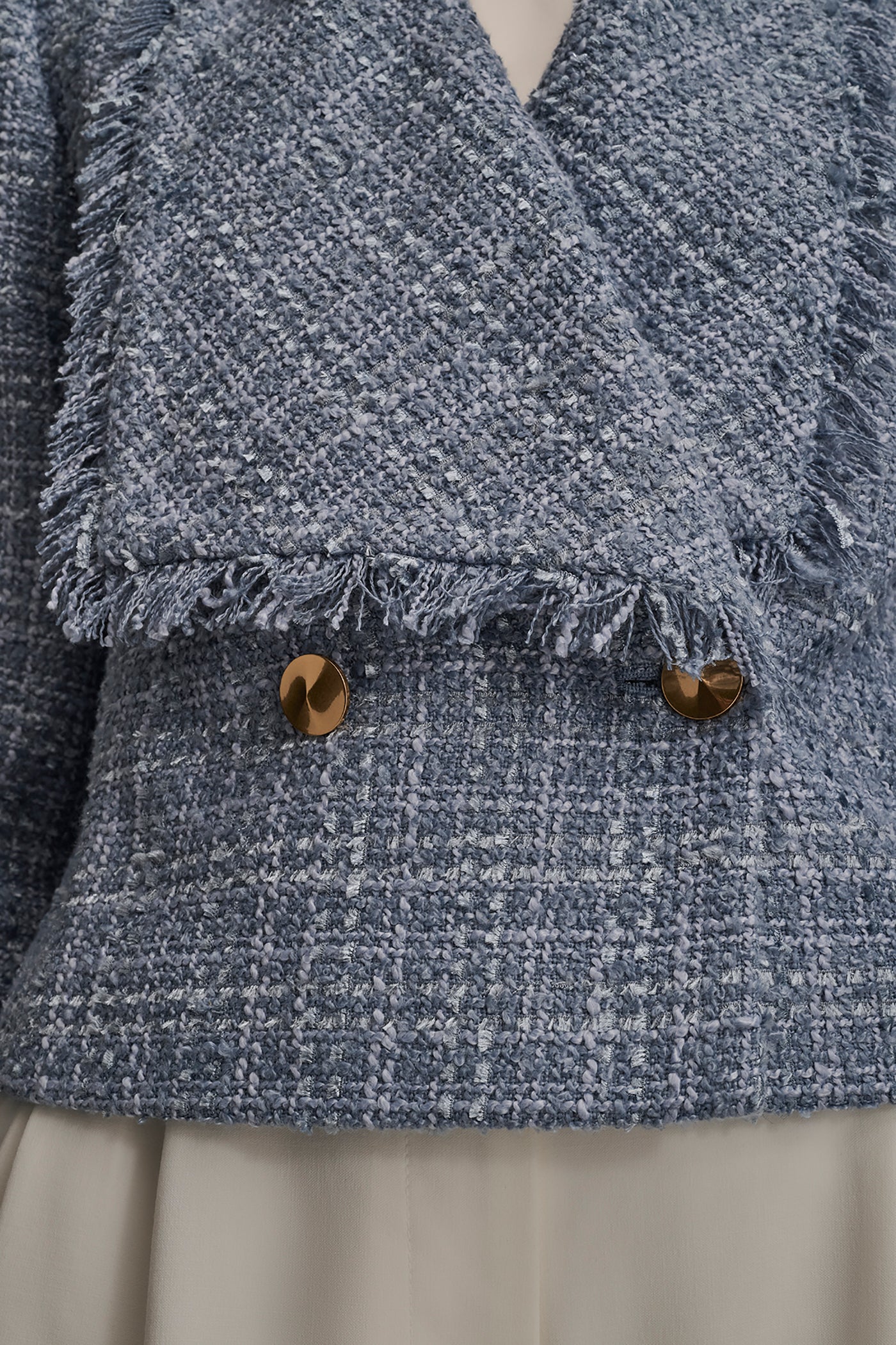 CROPPED DOUBLE-BREASTED FRINGED TWEED JACKET VIEW 6 | Luxe Layers