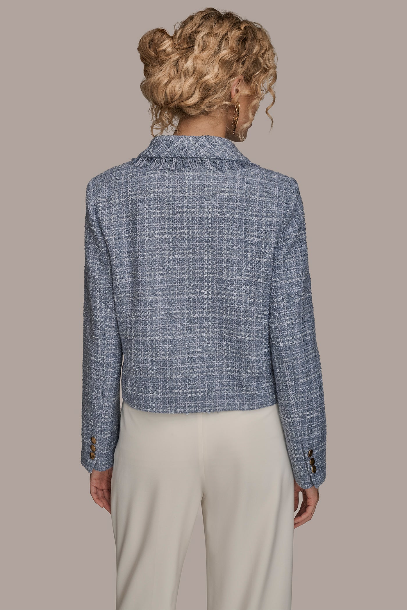 CROPPED DOUBLE-BREASTED FRINGED TWEED JACKET | View 2 | Luxe Layers