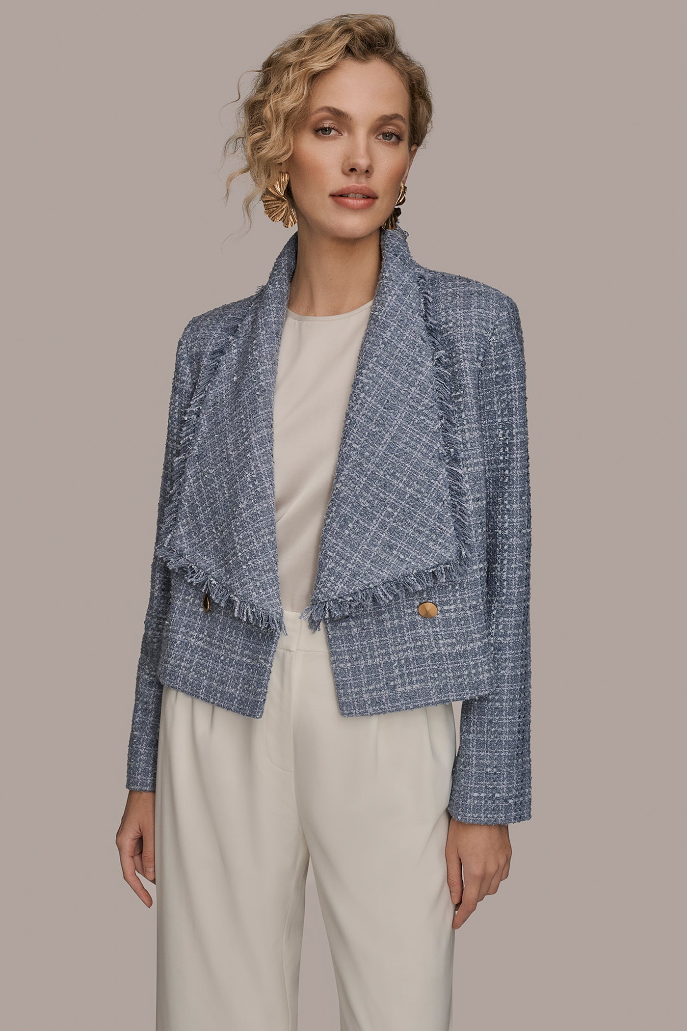 CROPPED DOUBLE-BREASTED FRINGED TWEED JACKET VIEW 8 | Luxe Layers