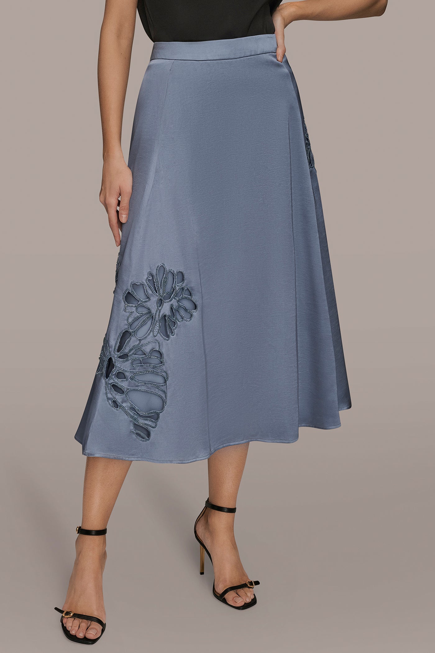FLORAL-SEQUINED SATIN MIDI SKIRT | View 1 | Clothing