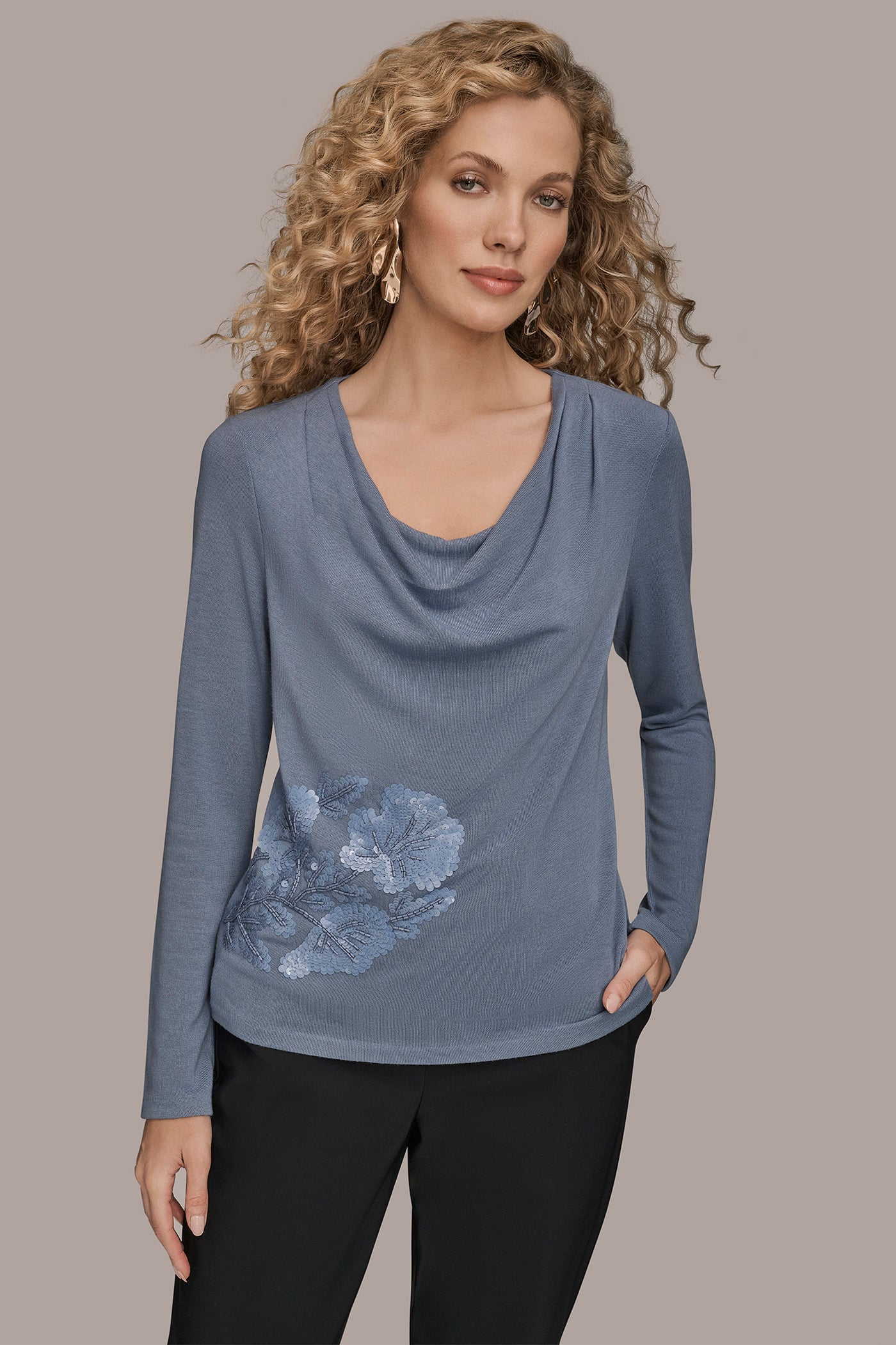 LONG-SLEEVE COWL-NECK FLORAL TOP | View 1 | New Arrivals