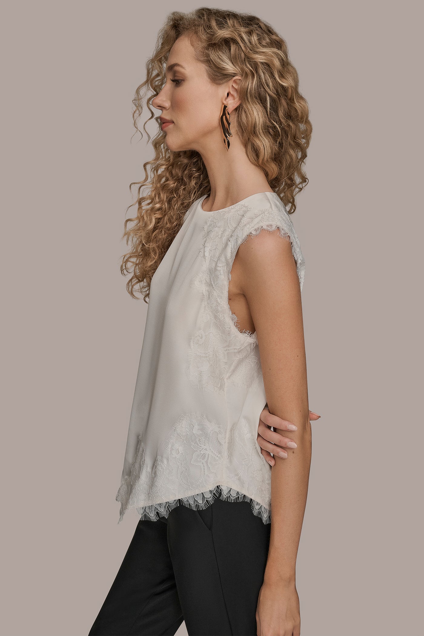 SLEEVELESS LACE-TRIM CREPE BLOUSE VIEW 3 | Suits and Separates
