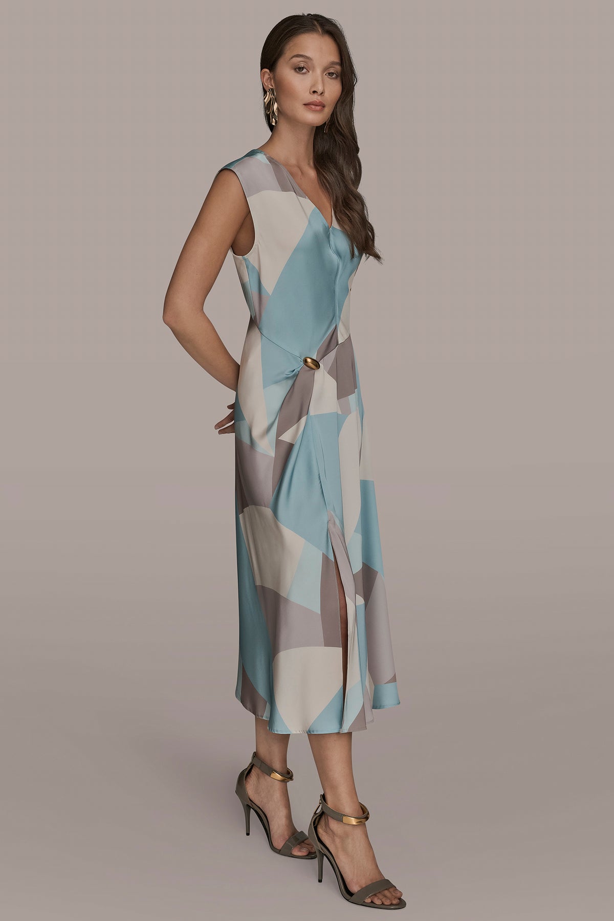 Cap Sleeve V Neck Printed Midi Dress | Fit and Flare | Donna Karan