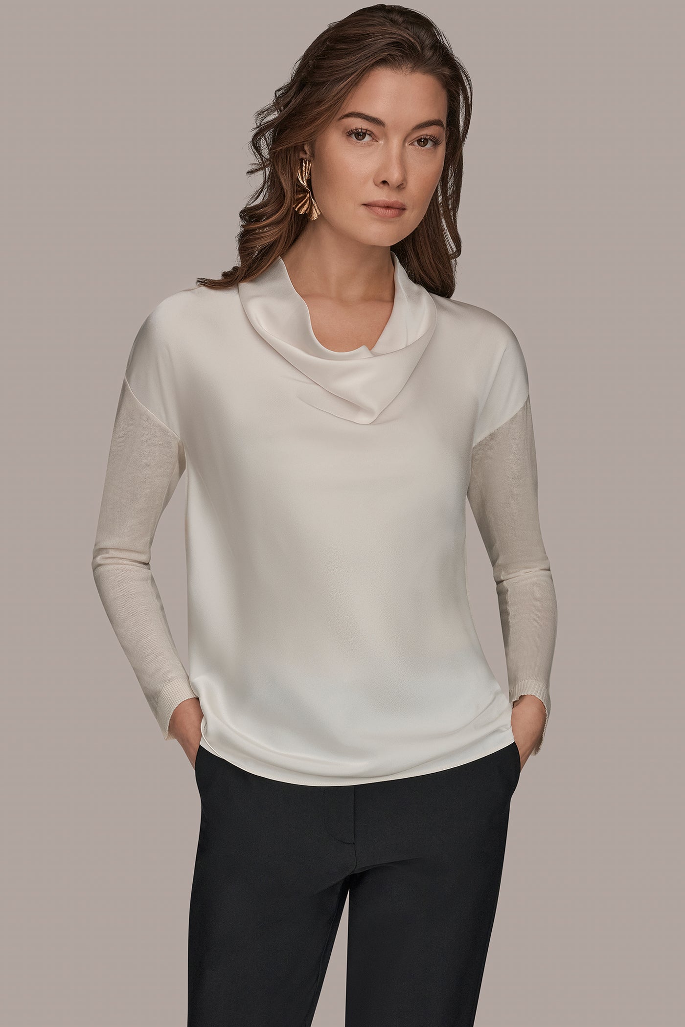 Mixed Media Cowl Neck Top | View 1 | Clothing