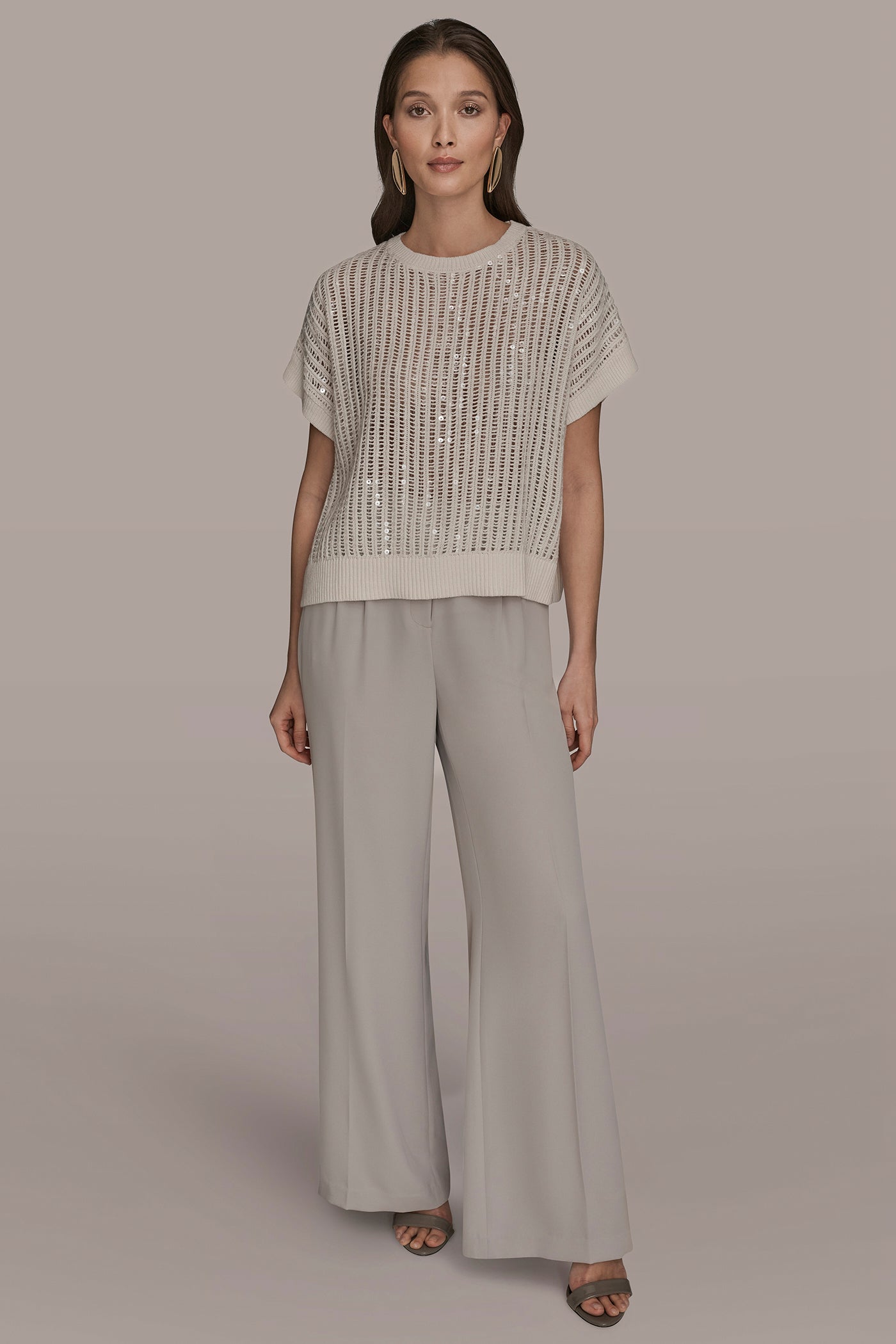 SHORT SLEEVE OPEN-WEAVE SWEATER WITH SEQUIN DETAIL VIEW 6 | Clothing