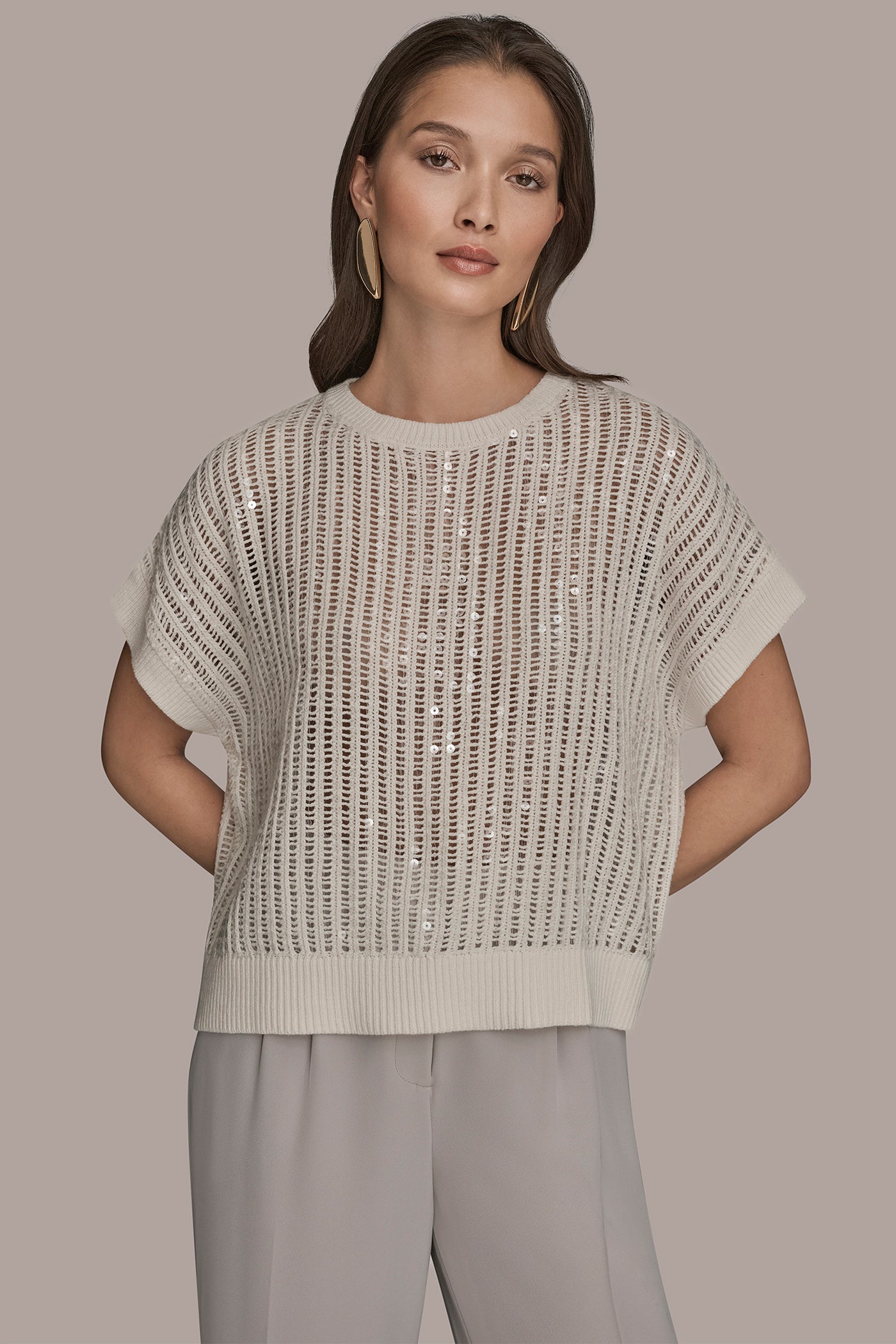 SHORT SLEEVE OPEN-WEAVE SWEATER WITH SEQUIN DETAIL | View 1 | Clothing
