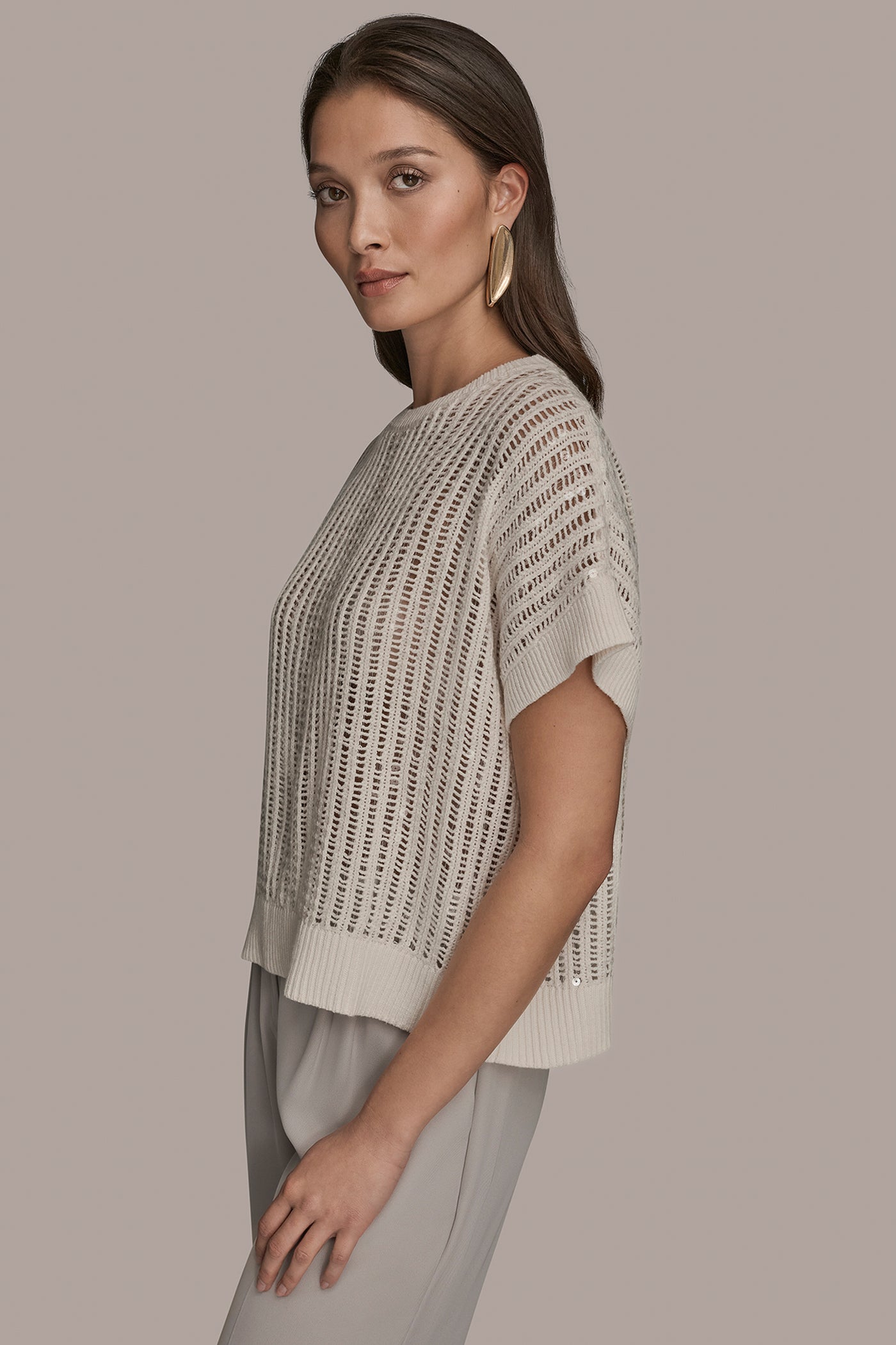 SHORT SLEEVE OPEN-WEAVE SWEATER WITH SEQUIN DETAIL VIEW 3 | Clothing