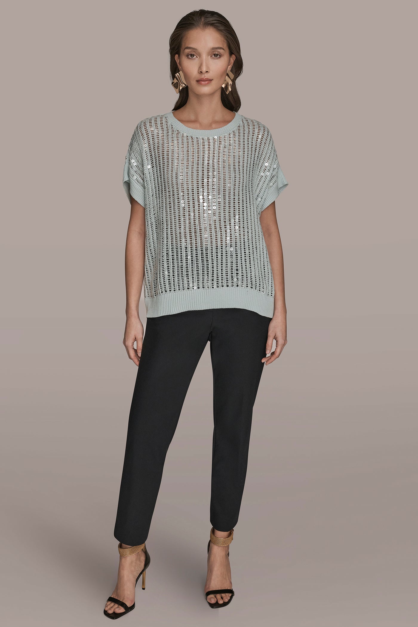 SHORT SLEEVE OPEN-WEAVE SWEATER WITH SEQUIN DETAIL VIEW 6 | Clothing