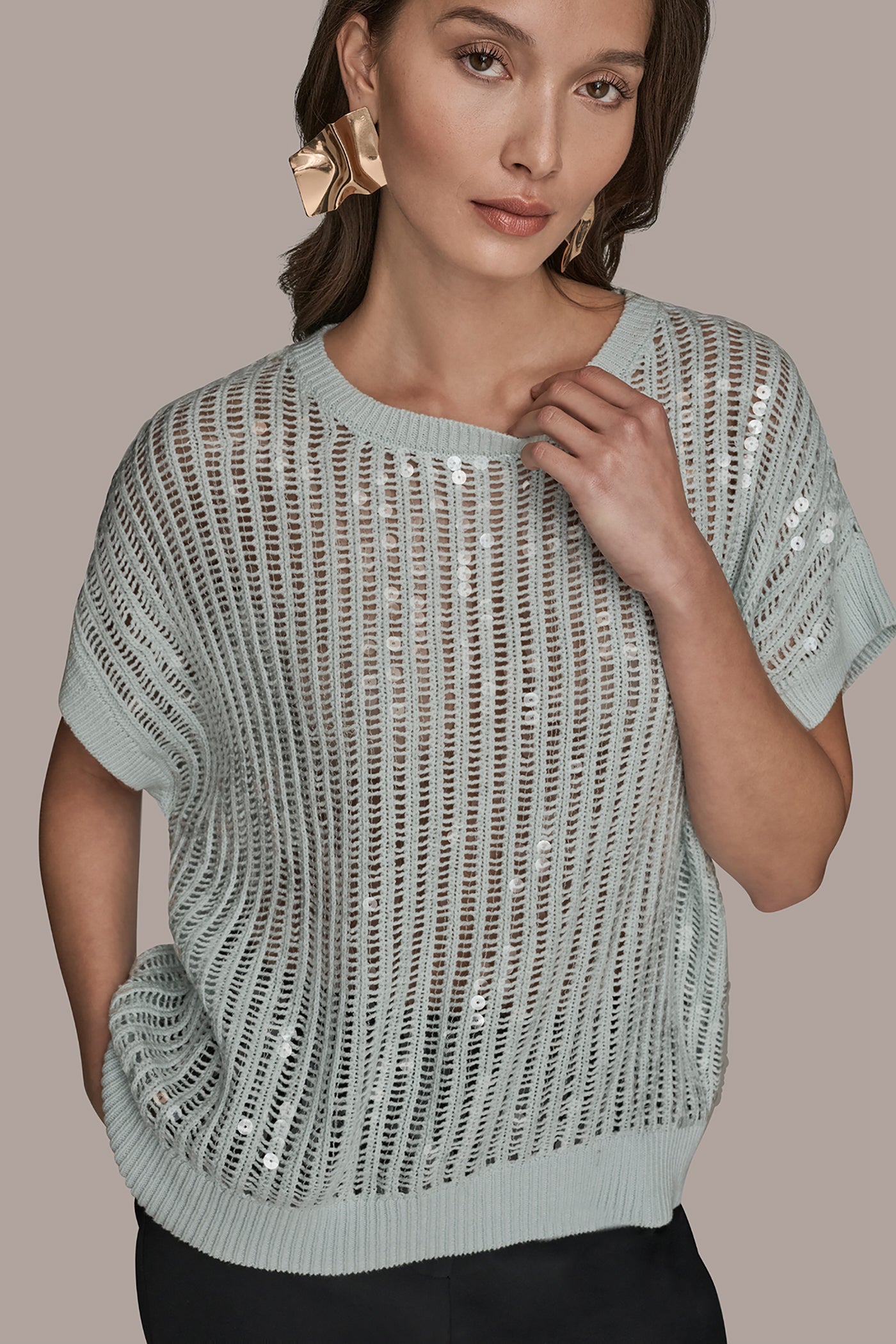 SHORT SLEEVE OPEN-WEAVE SWEATER WITH SEQUIN DETAIL VIEW 4 | Clothing