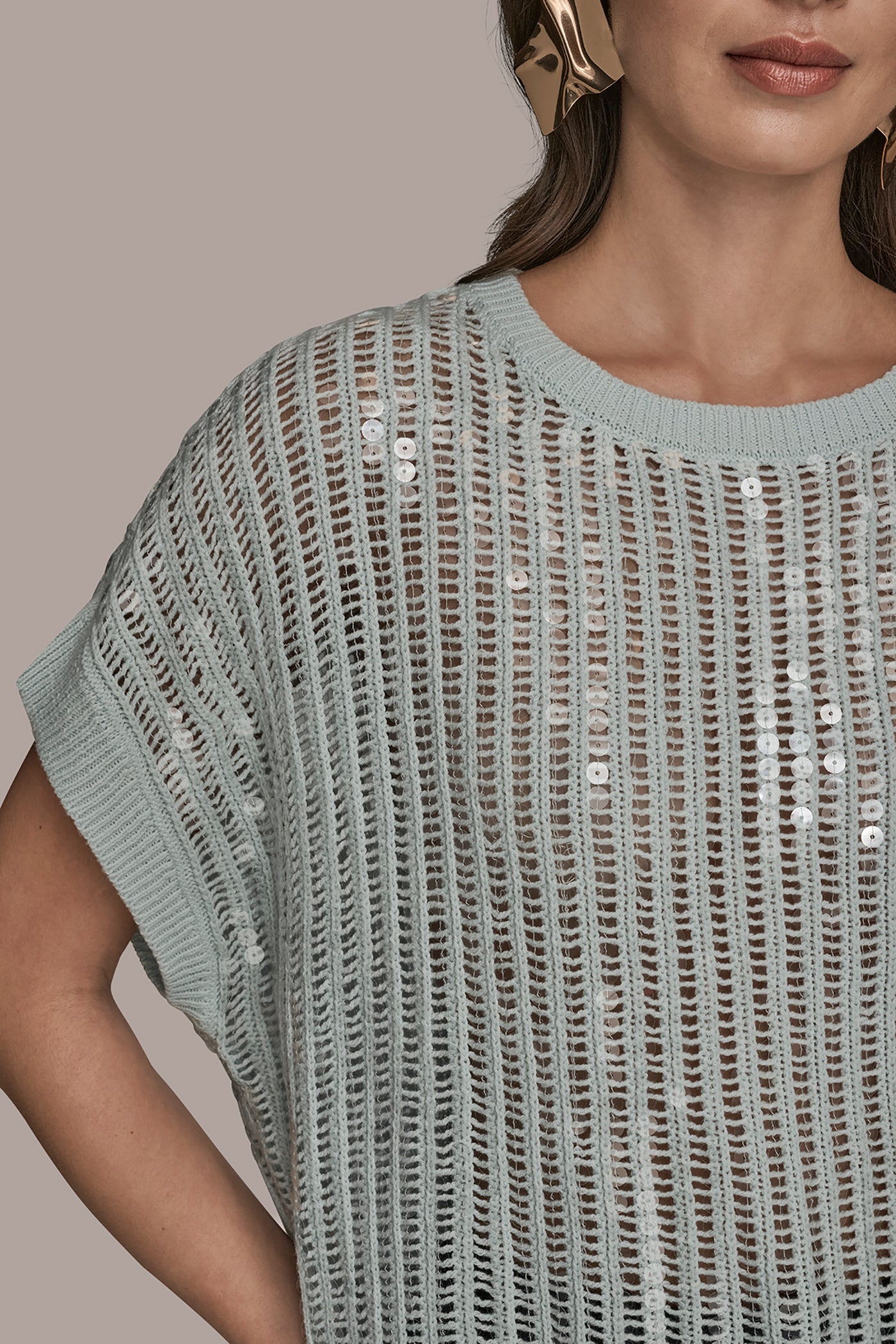 SHORT SLEEVE OPEN-WEAVE SWEATER WITH SEQUIN DETAIL VIEW 5 | Clothing
