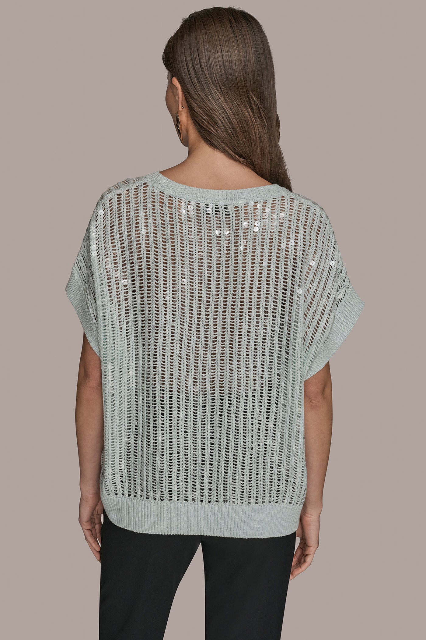 SHORT SLEEVE OPEN-WEAVE SWEATER WITH SEQUIN DETAIL | View 2 | Clothing