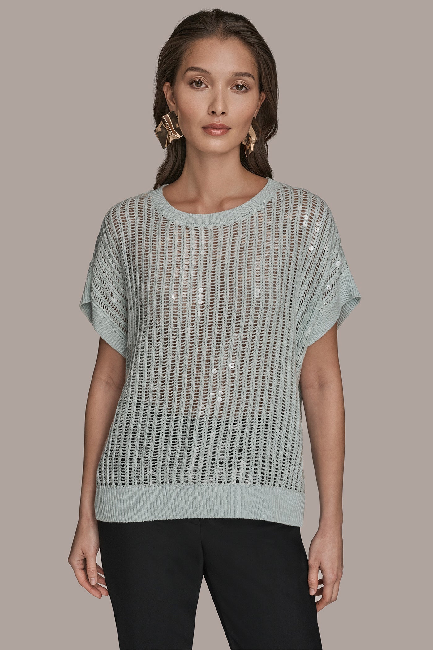 SHORT SLEEVE OPEN-WEAVE SWEATER WITH SEQUIN DETAIL | View 1 | Clothing