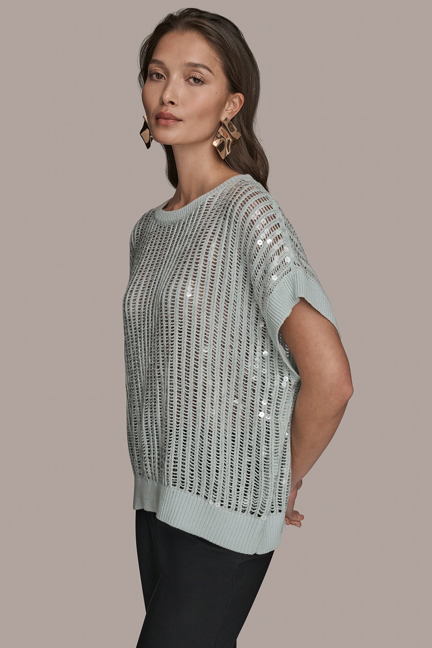 SHORT SLEEVE OPEN-WEAVE SWEATER WITH SEQUIN DETAIL VIEW 3 | Clothing
