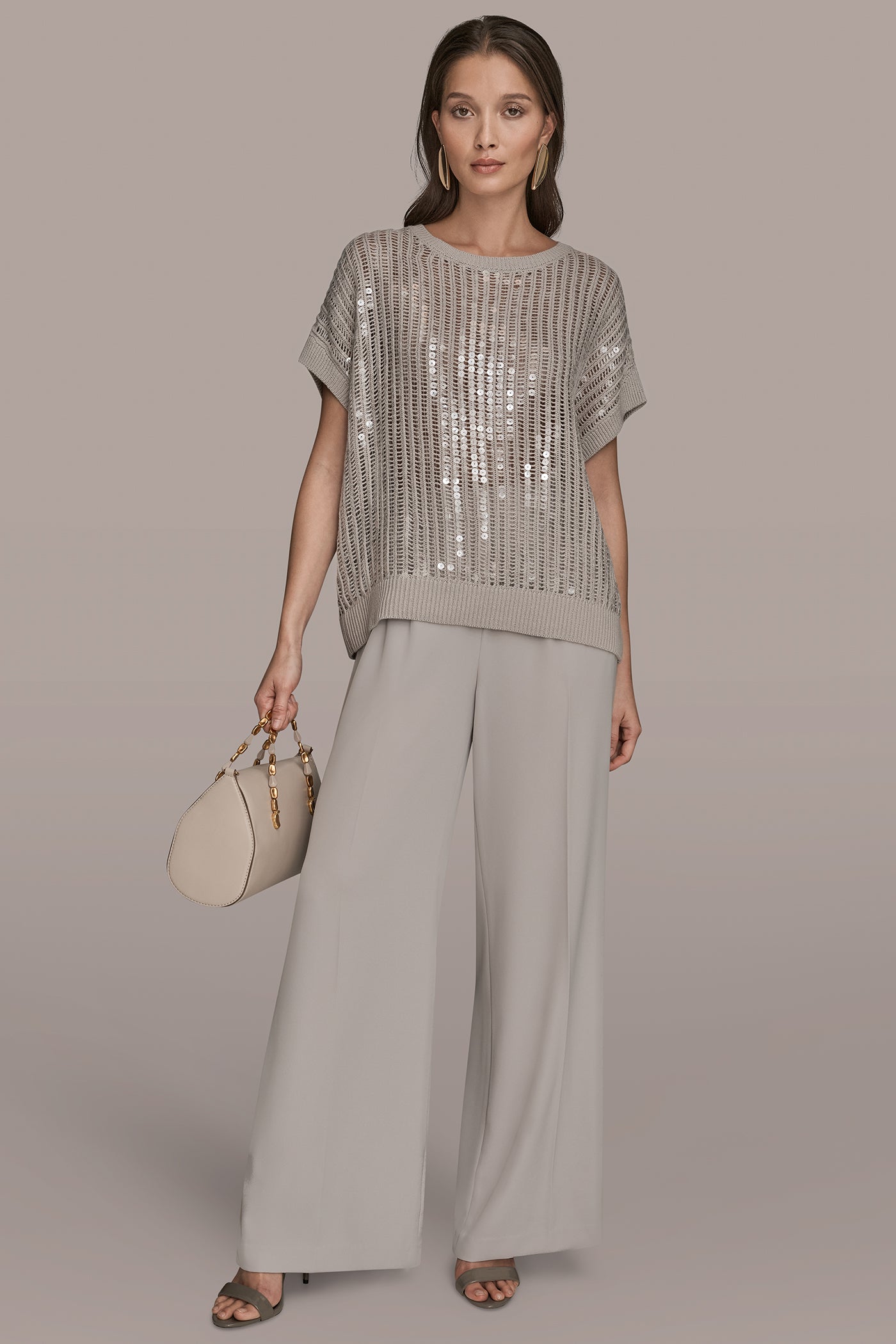 SHORT SLEEVE OPEN-WEAVE SWEATER WITH SEQUIN DETAIL VIEW 6 | Clothing