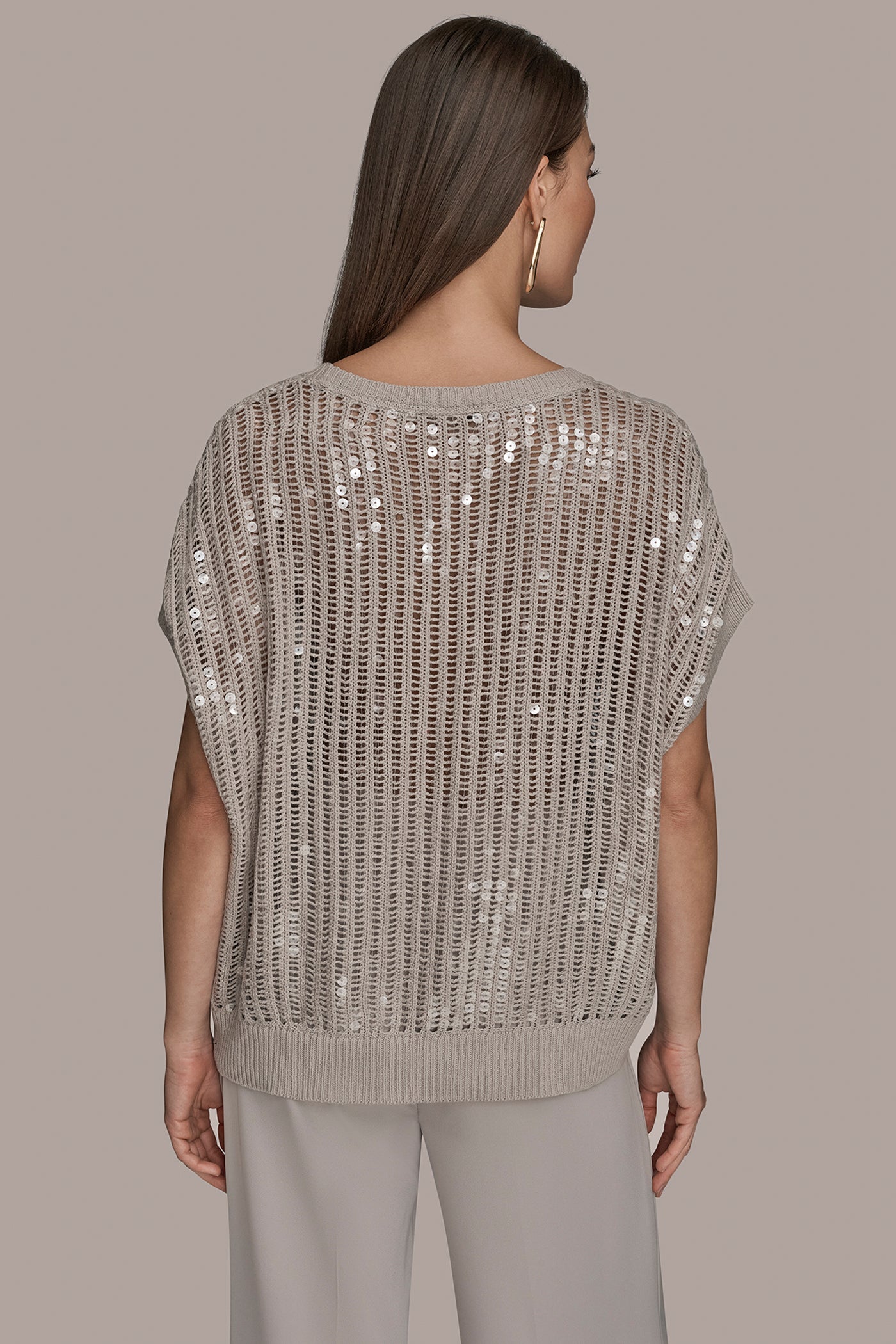 SHORT SLEEVE OPEN-WEAVE SWEATER WITH SEQUIN DETAIL | View 2 | Clothing