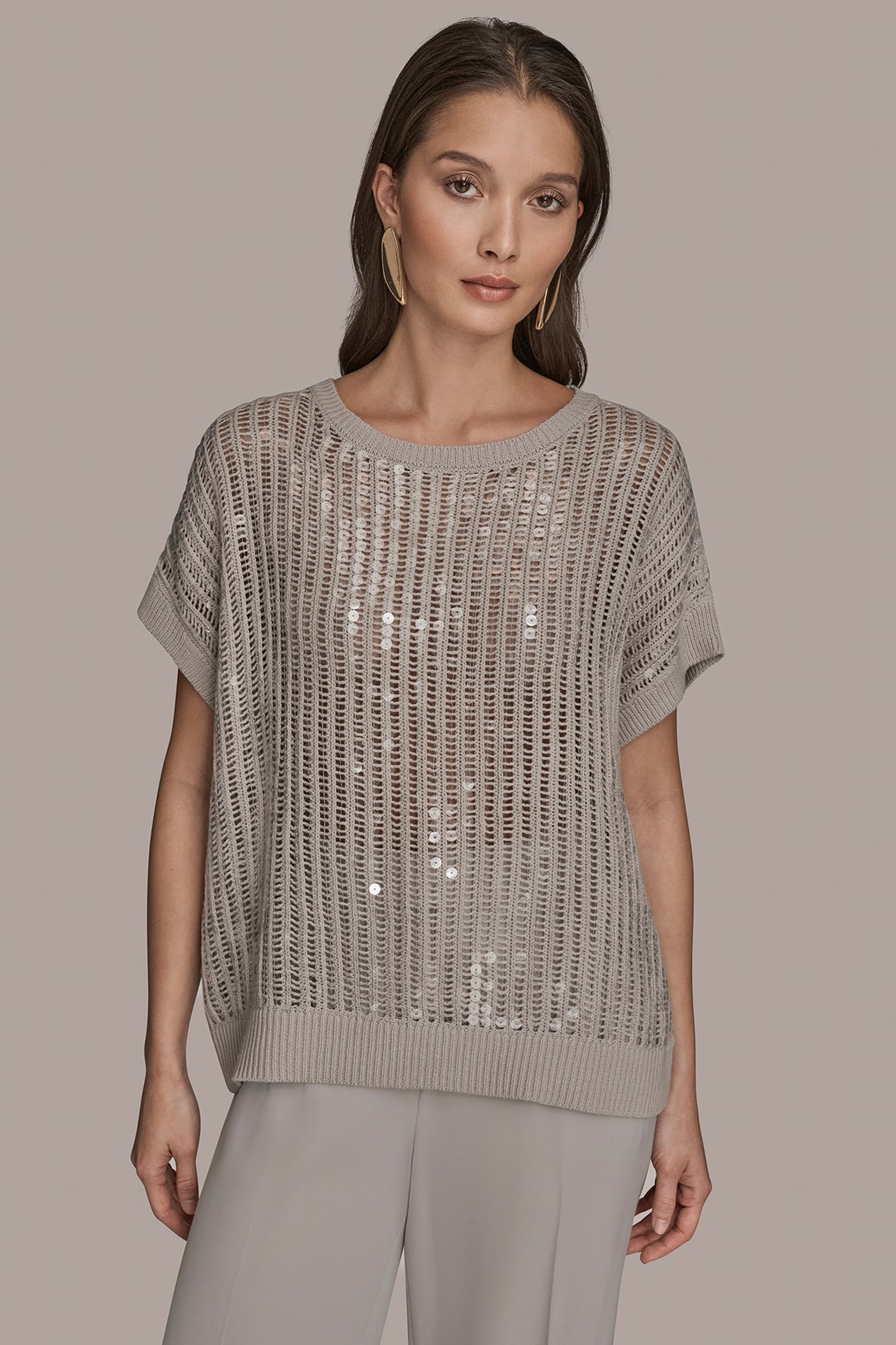 SHORT SLEEVE OPEN-WEAVE SWEATER WITH SEQUIN DETAIL | View 1 | Clothing