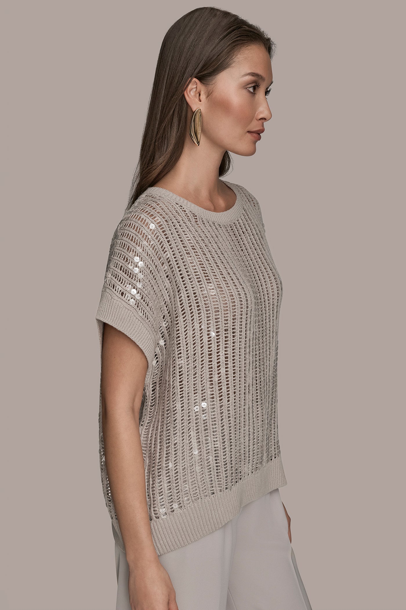 SHORT SLEEVE OPEN-WEAVE SWEATER WITH SEQUIN DETAIL VIEW 3 | Clothing
