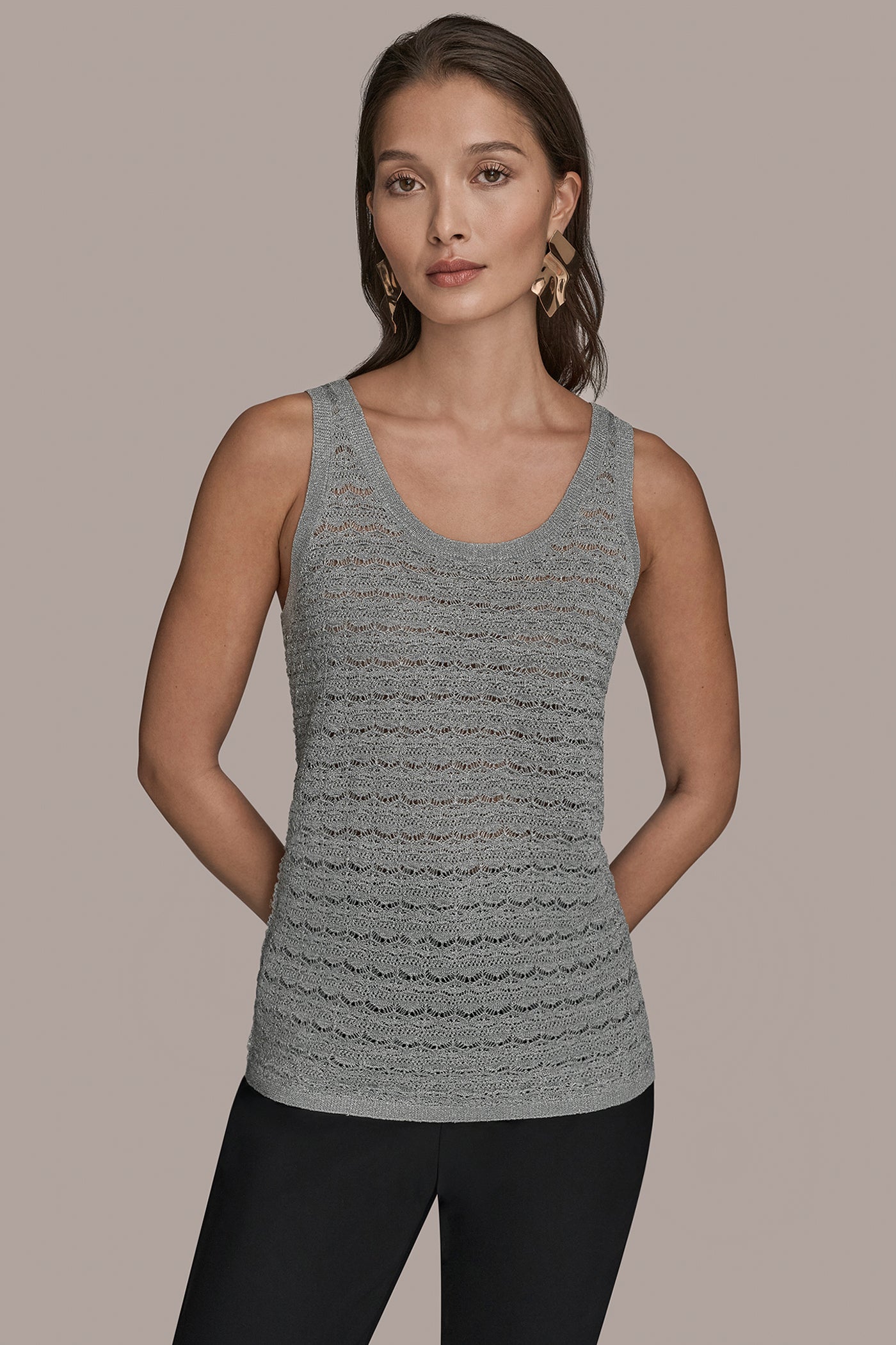 SLEEVELESS SCOOP-NECK POINTELLE SHELL SWEATER | View 1 | Tops