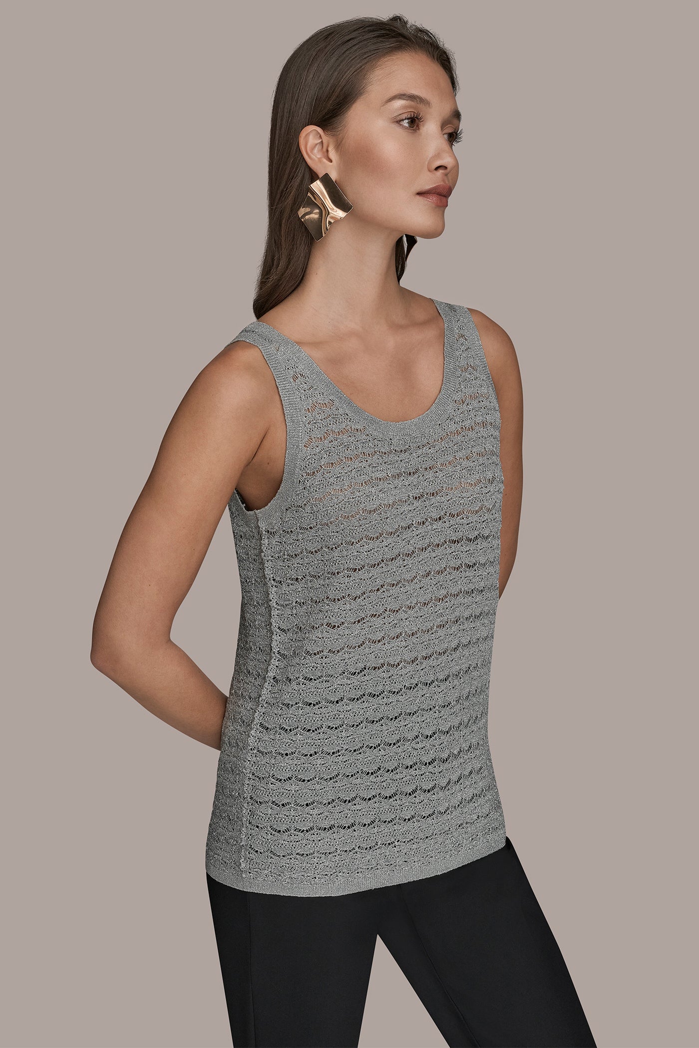 SLEEVELESS SCOOP-NECK POINTELLE SHELL SWEATER VIEW 3 | Tops