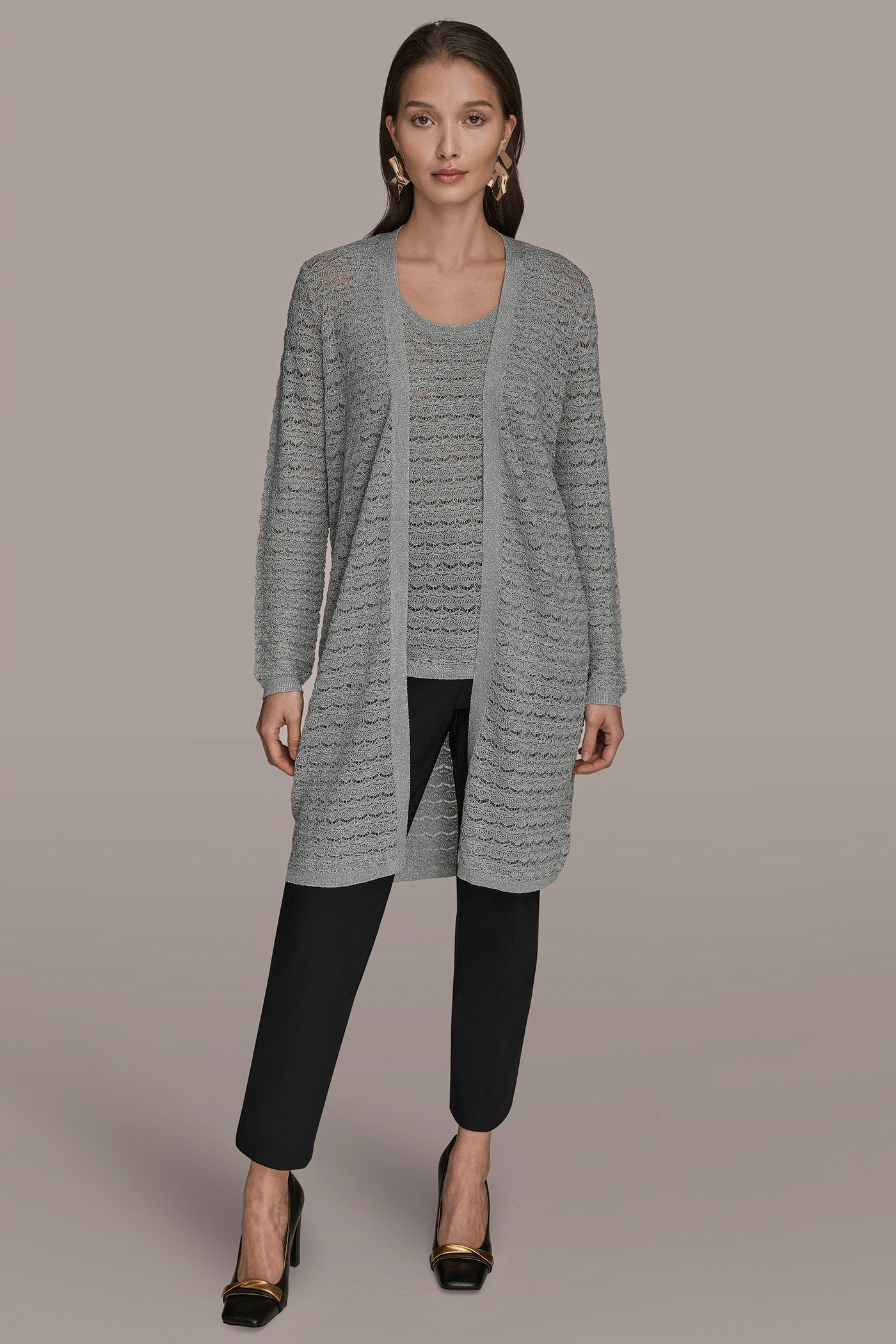 METALLIC POINTELLE LONG OPEN CARDIGAN VIEW 6 | Clothing