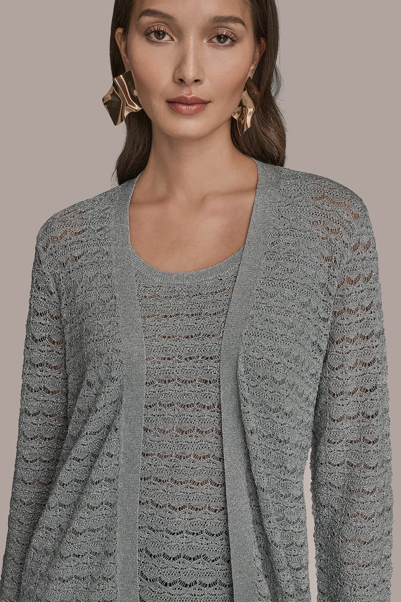 METALLIC POINTELLE LONG OPEN CARDIGAN VIEW 4 | Clothing