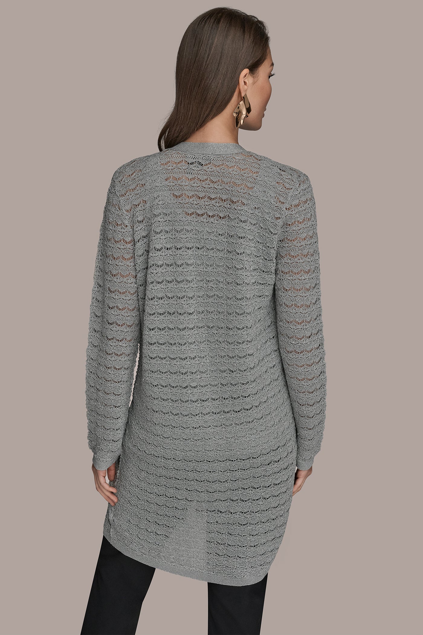 METALLIC POINTELLE LONG OPEN CARDIGAN | View 2 | Clothing