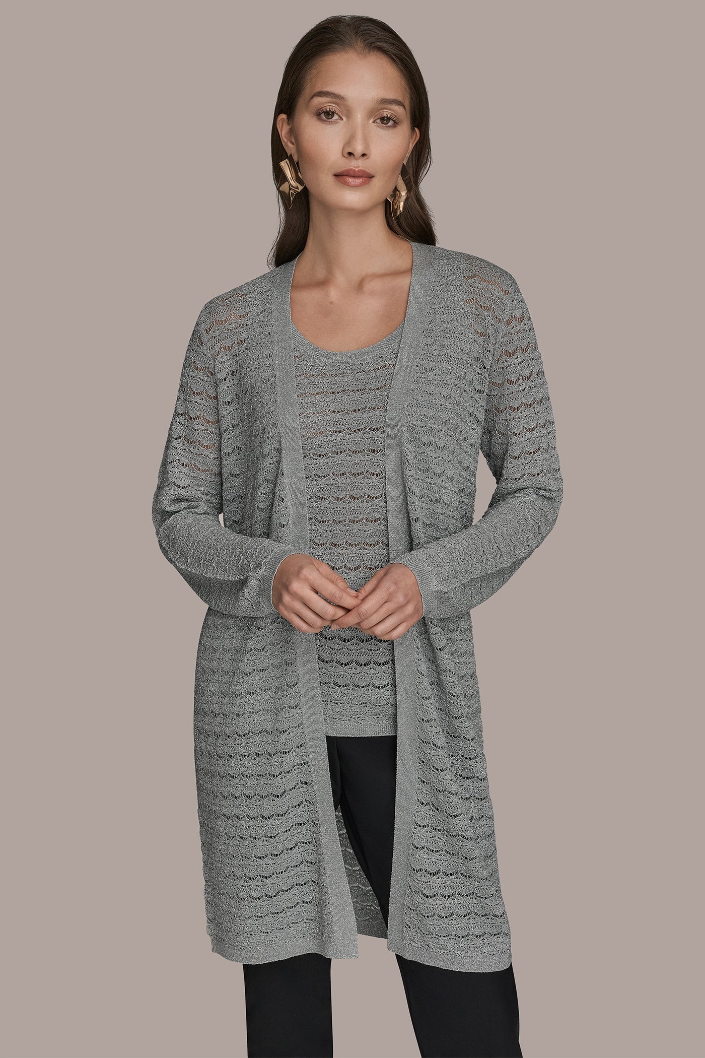 METALLIC POINTELLE LONG OPEN CARDIGAN | View 1 | Clothing