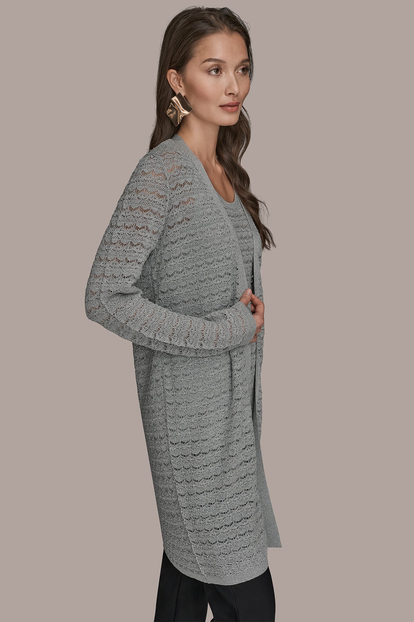 METALLIC POINTELLE LONG OPEN CARDIGAN VIEW 3 | Clothing