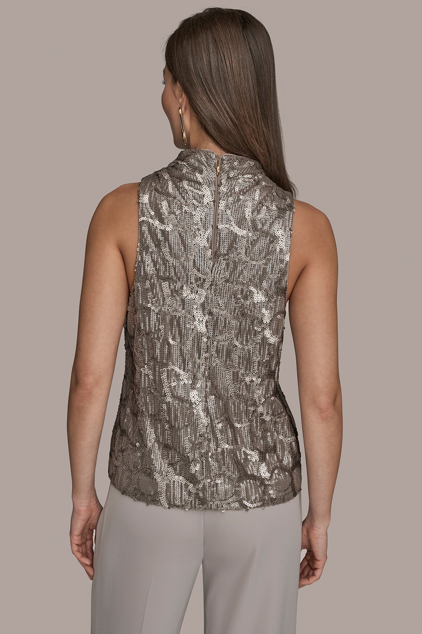 SLEEVELESS HIGH-NECK SEQUIN COWL BLOUSE | View 2 | Holiday Collection