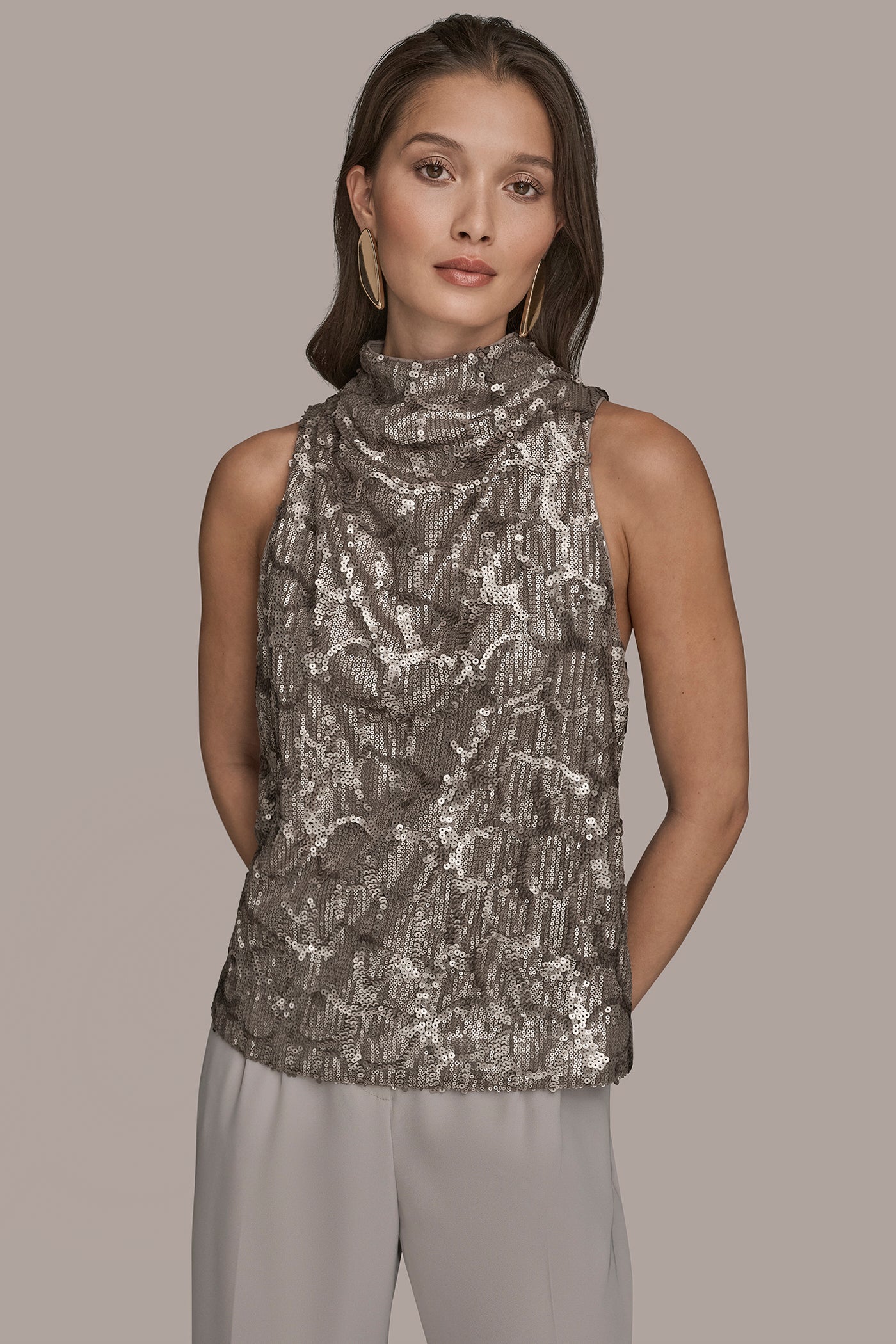 SLEEVELESS HIGH-NECK SEQUIN COWL BLOUSE | View 1 | Holiday Collection