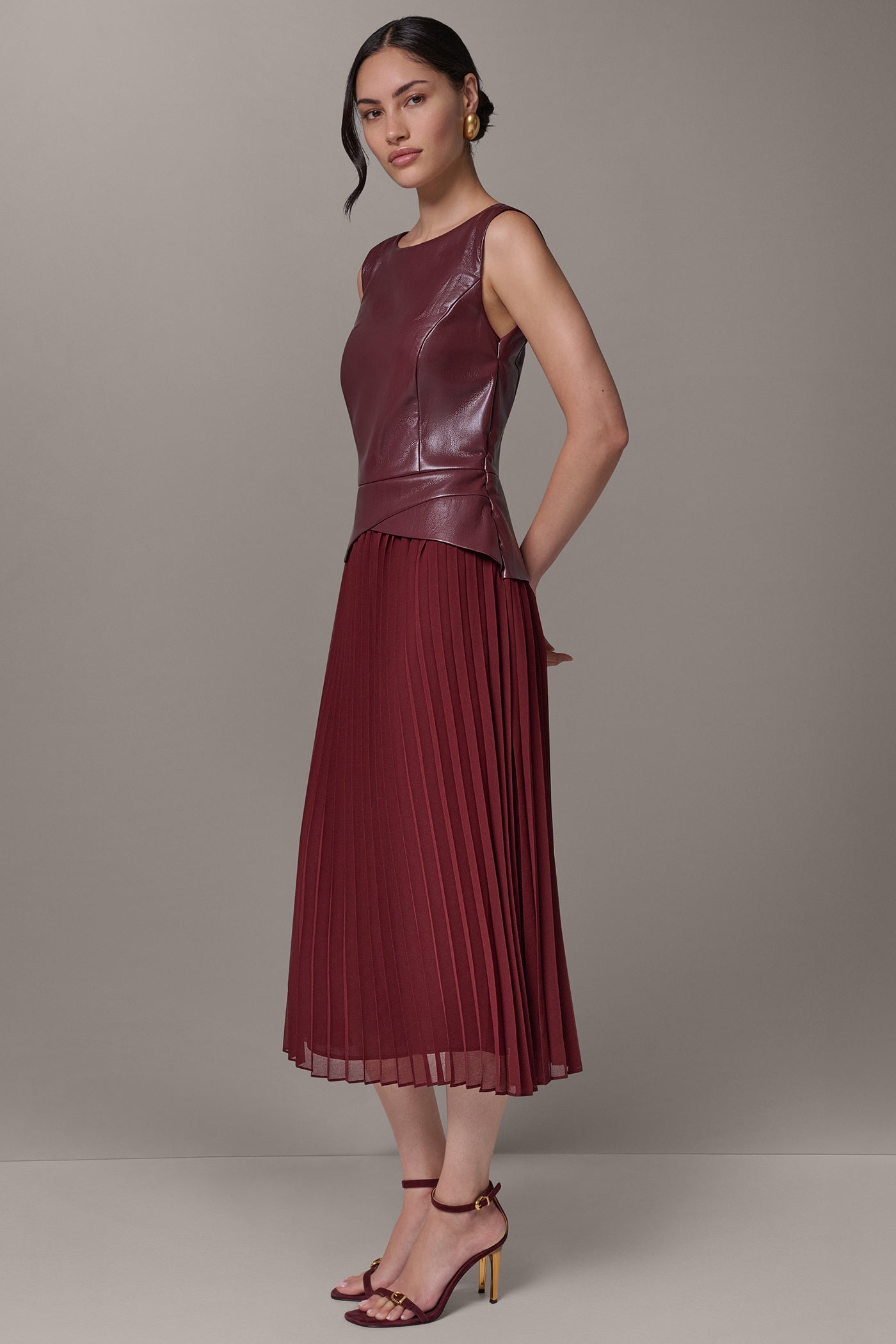 MIXED MEDIA PLEATED MIDI DRESS VIEW 2